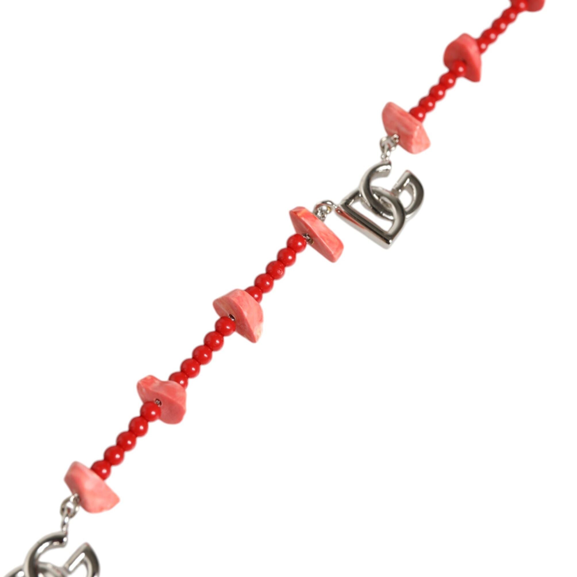 Dolce & Gabbana Silver Tone Brass Beaded Resin DG Logo Chain Necklace