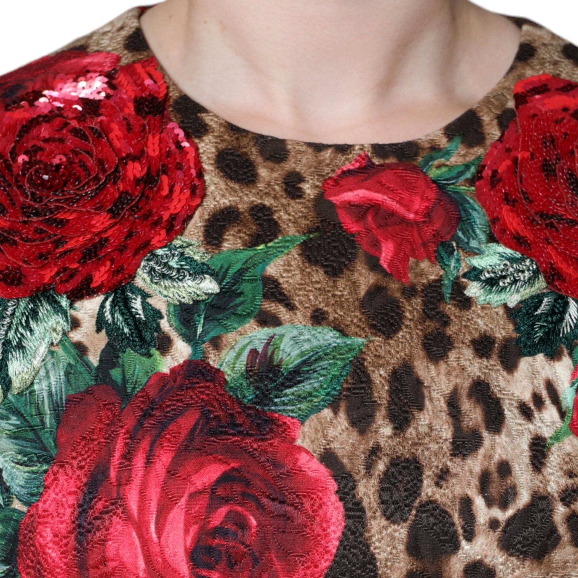 Dolce & Gabbana Brown Leopard Red Roses Cotton A-line Dress