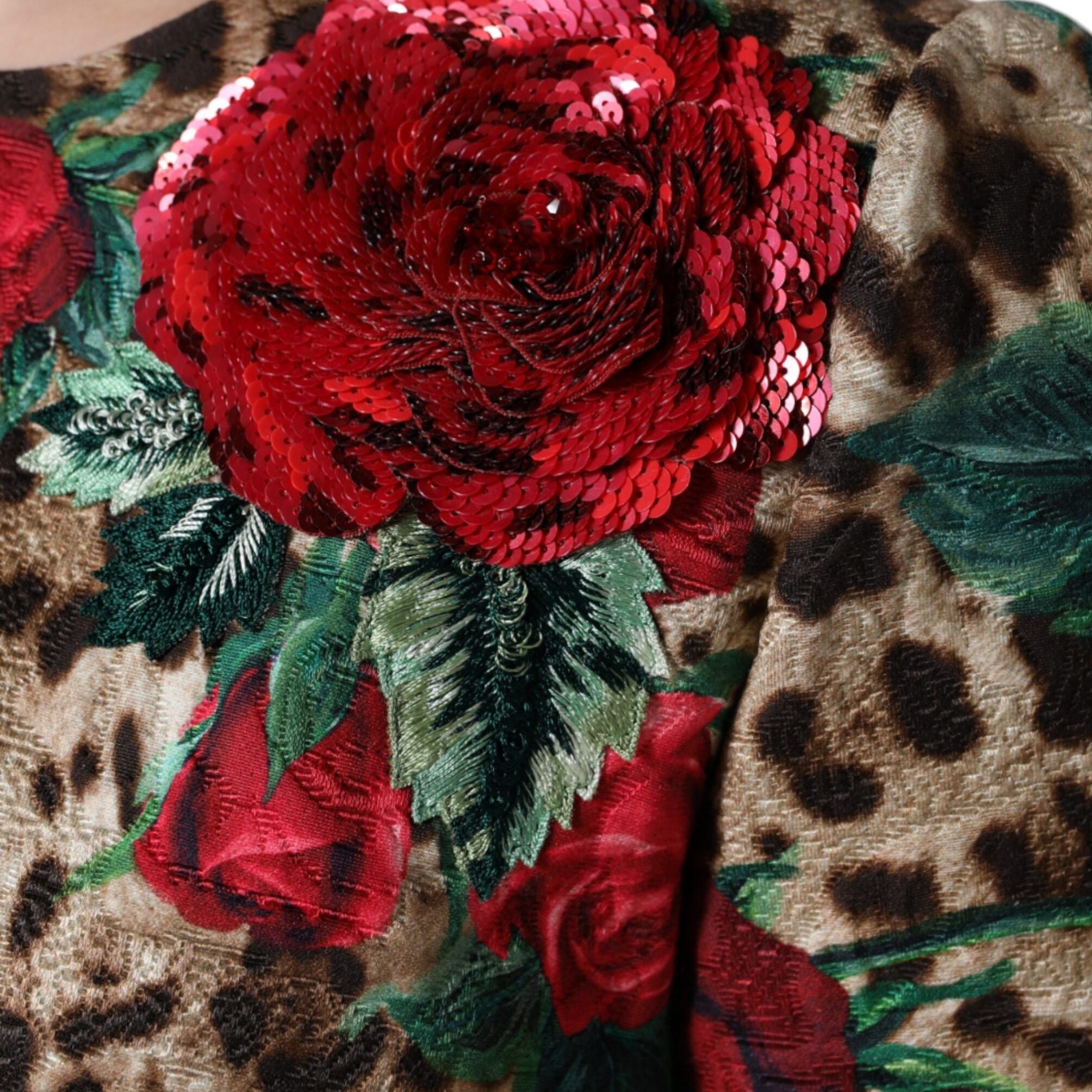 Dolce & Gabbana Brown Leopard Red Roses Cotton A-line Dress