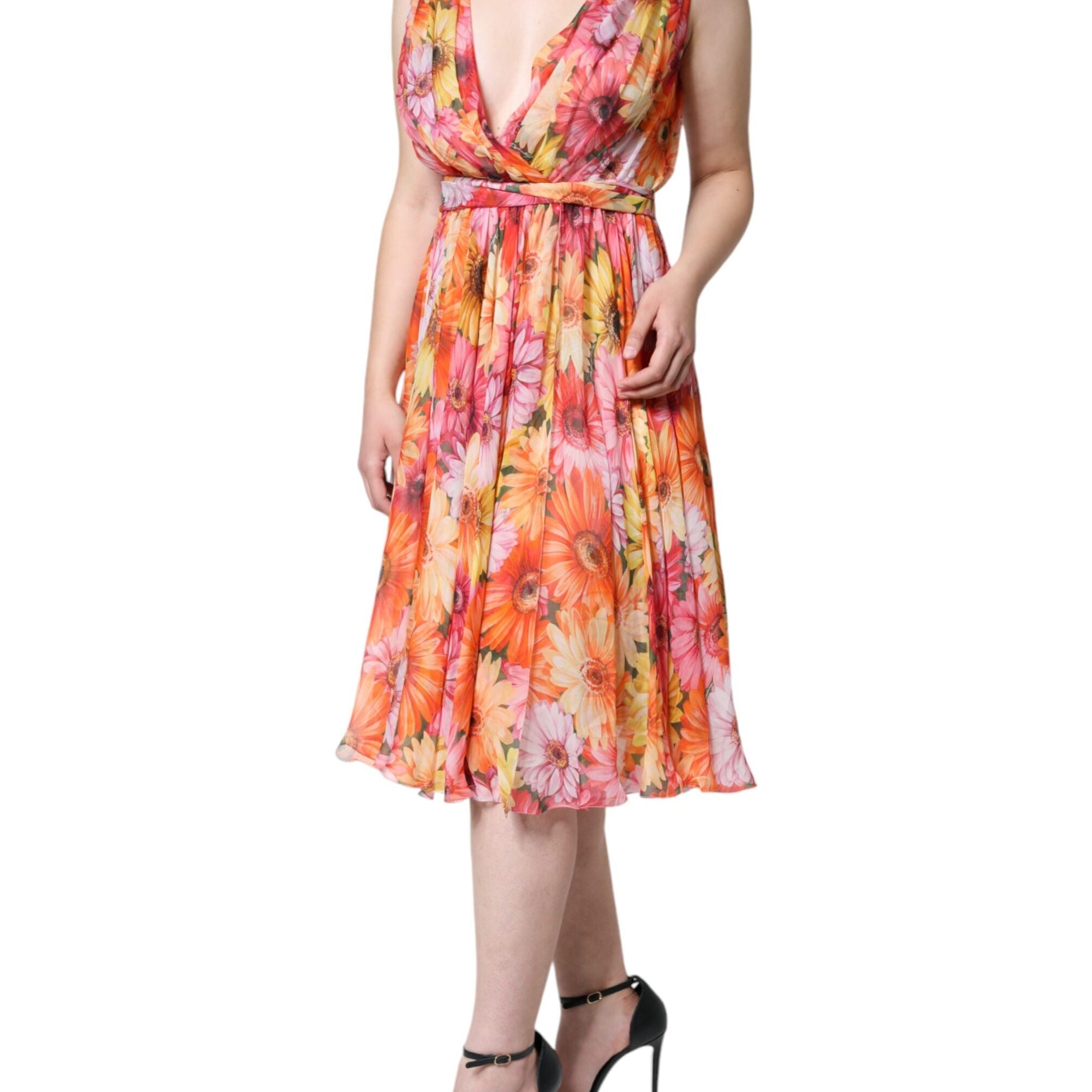 Dolce & Gabbana Multicolor Floral Sleeveless V-neck Midi Dress