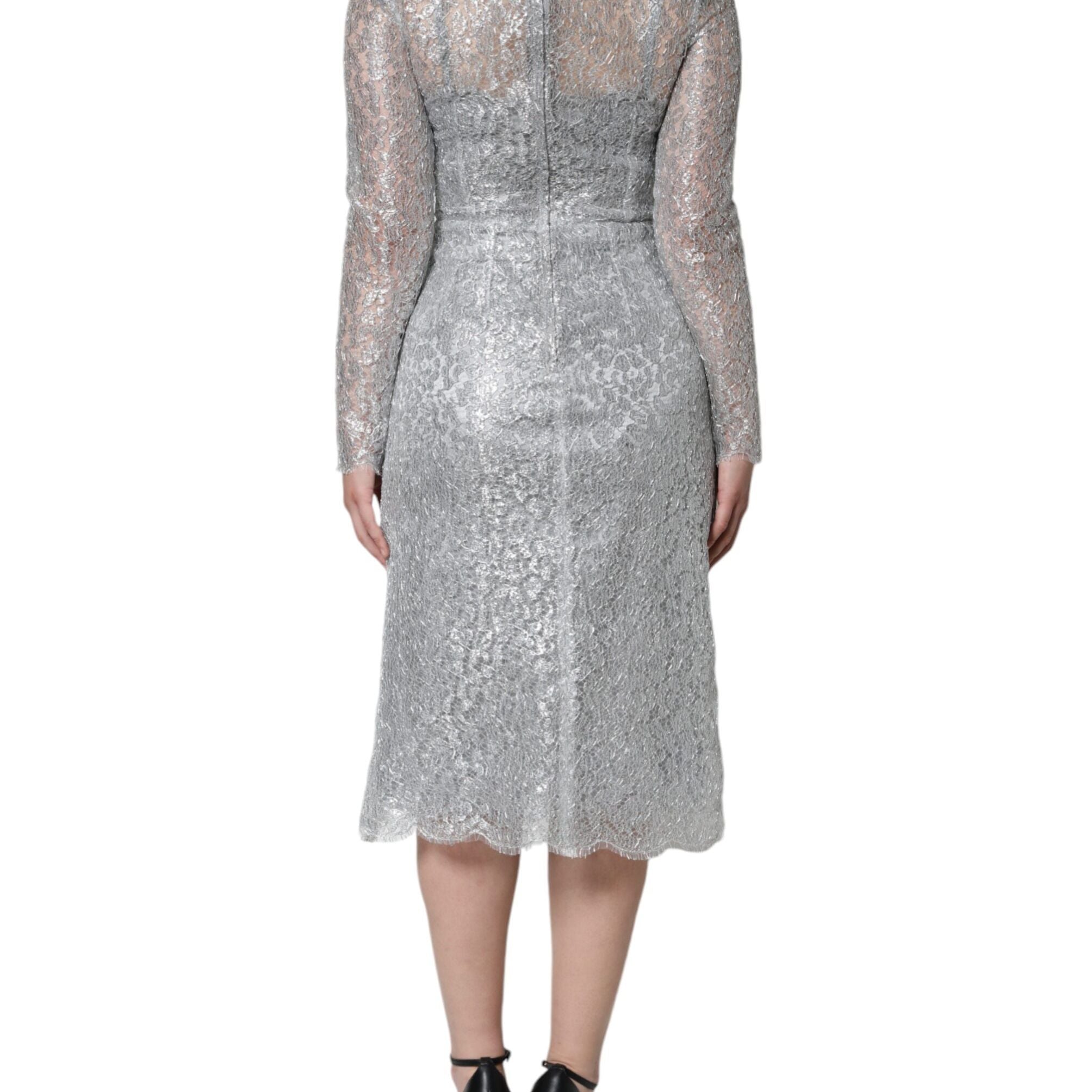 Dolce & Gabbana Silver Floral Lace Bodycon Sheath Midi Dress