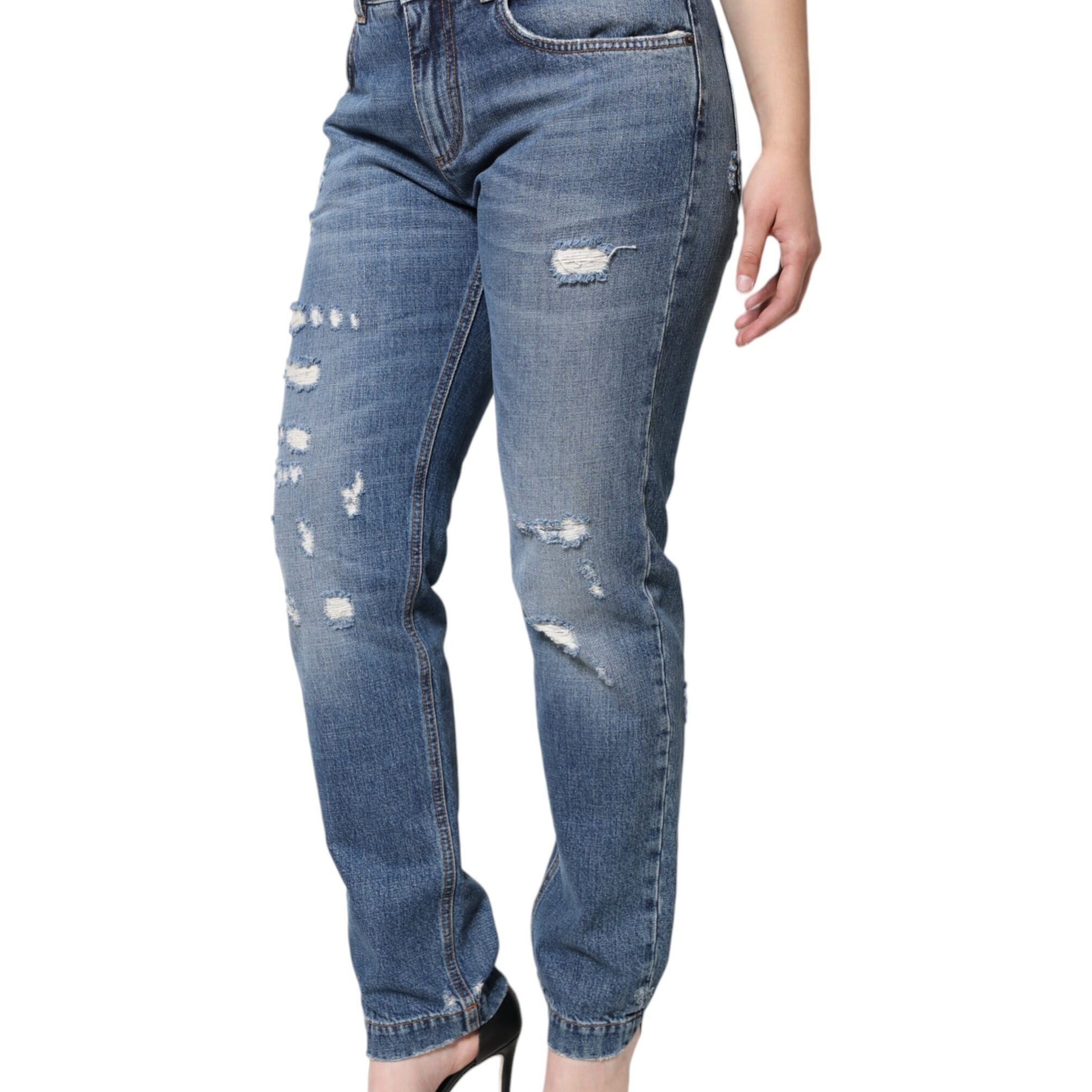 Dolce & Gabbana Blue Cotton Tattered Boyfriend Denim Jeans