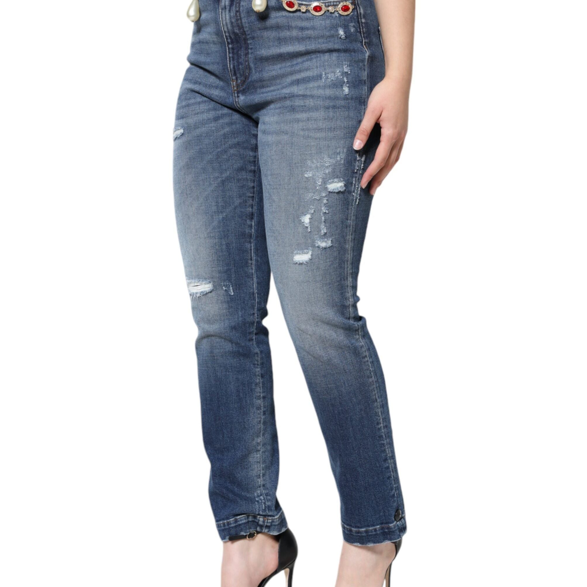 Dolce & Gabbana Dark Blue Cotton Tattered Skinny Denim Jeans
