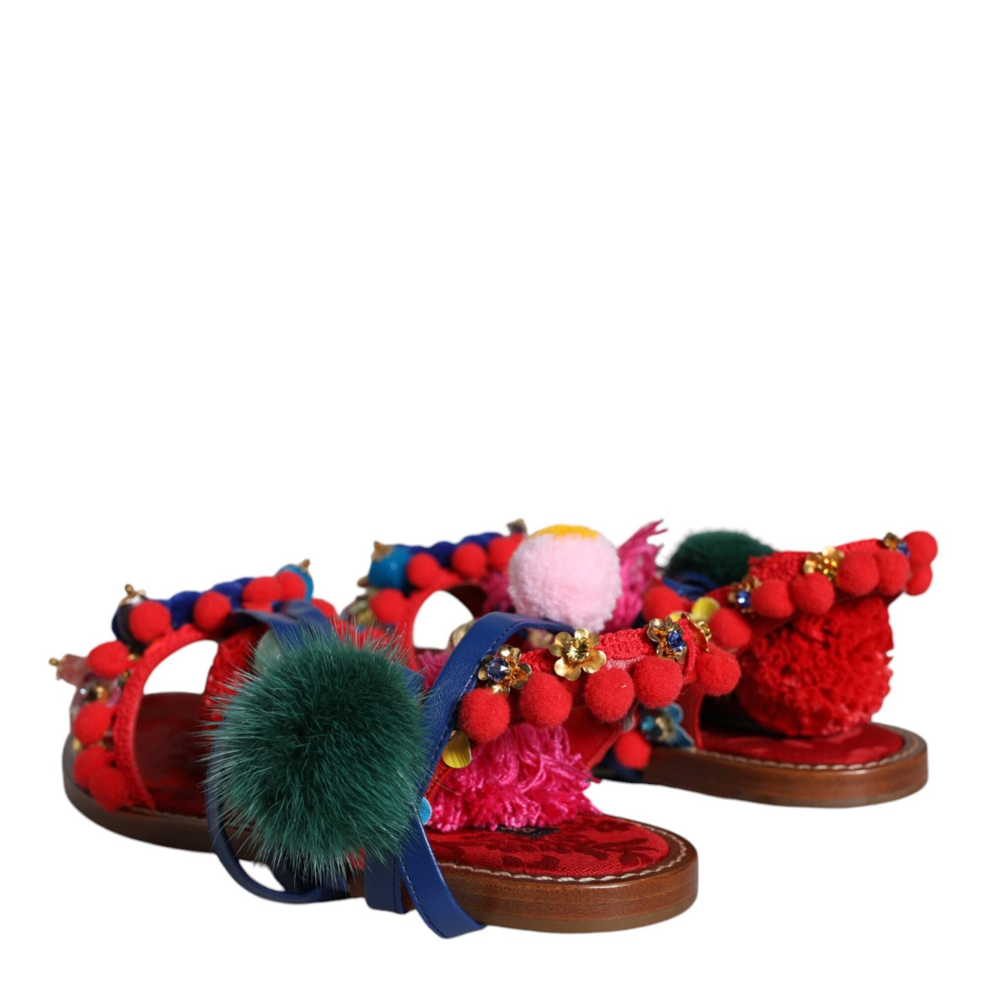 Dolce & Gabbana Multicolor Pom Pom Fur Wrap Sandals Shoes
