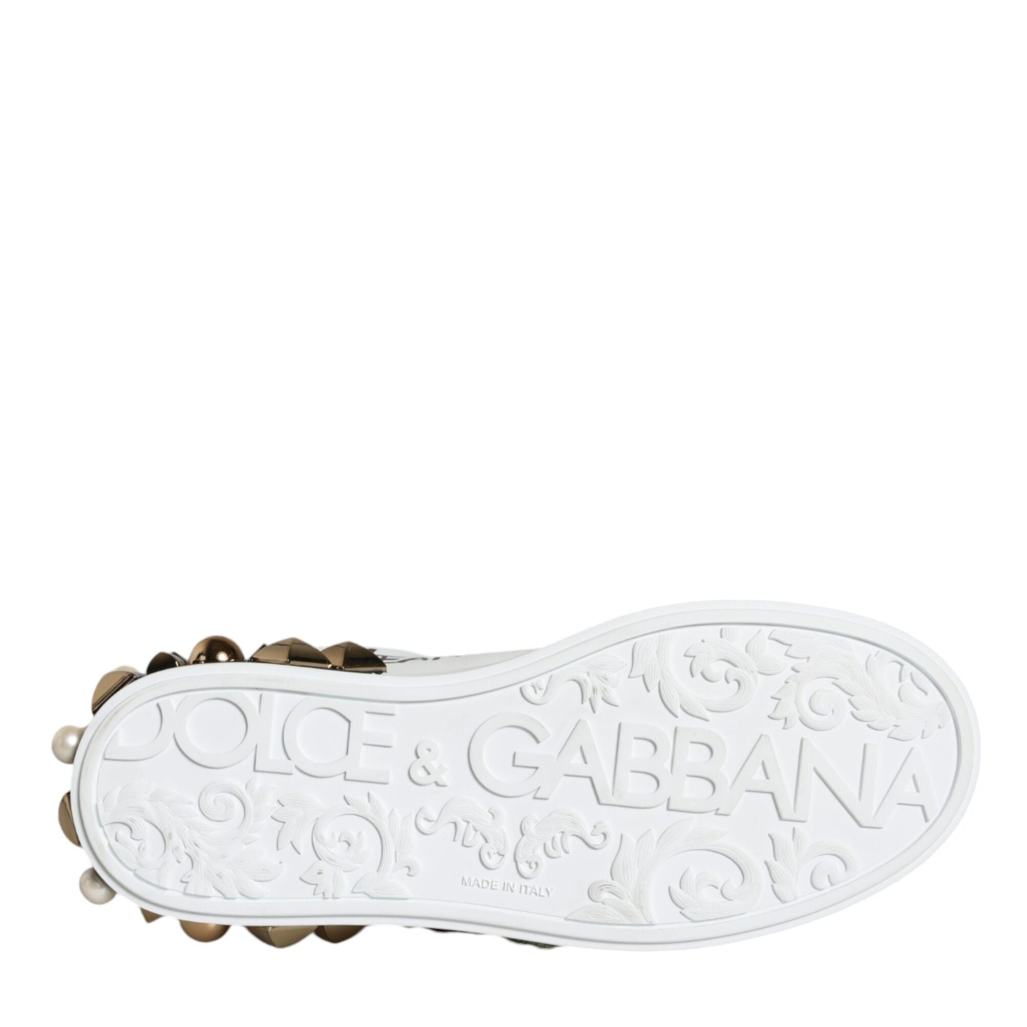 Dolce & Gabbana White Leather Floral Studded Sneakers Shoes