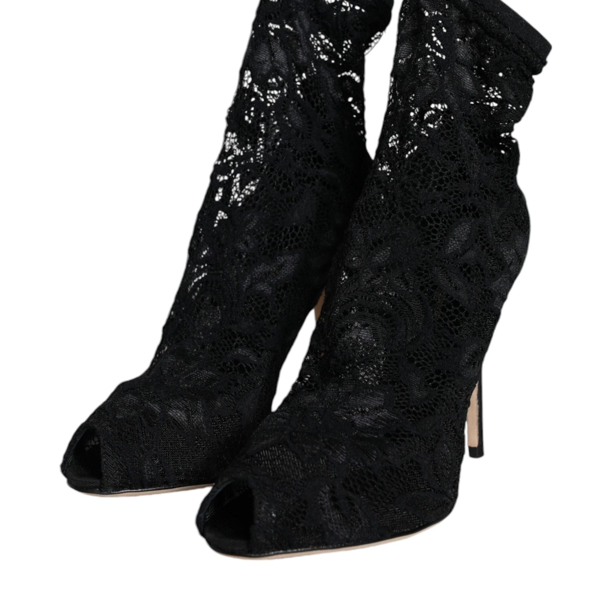Dolce & Gabbana Black Lace Stretch Heels Mid Calf Boot Shoes