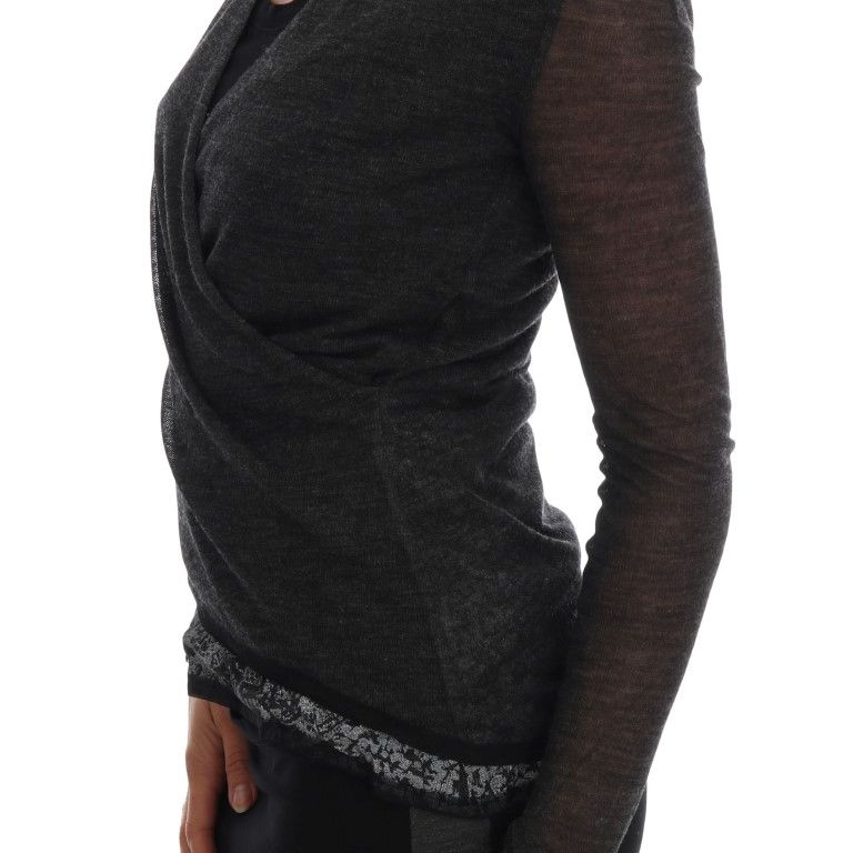 Ermanno Scervino Gray Wool Lace Top Long Sleeved T-shirt