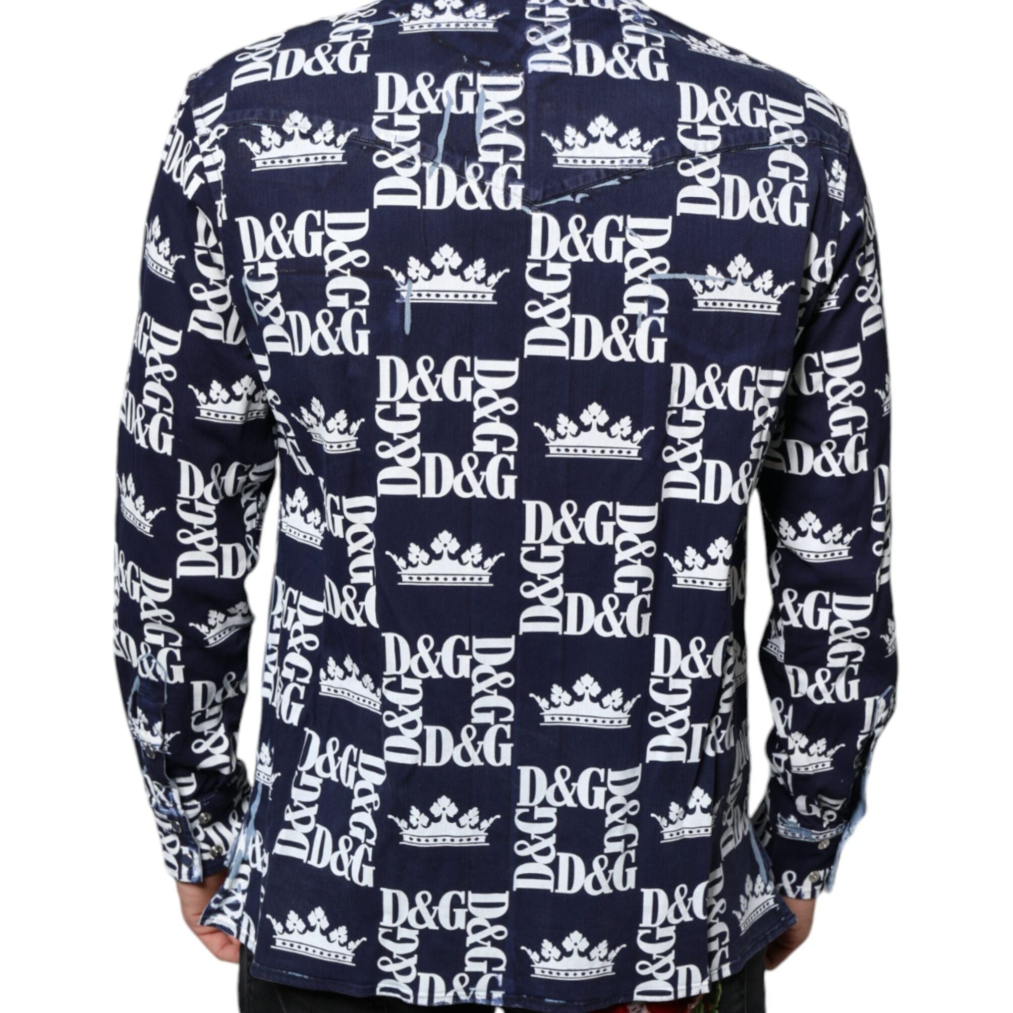 Dolce & Gabbana Blue Crown Logo Print Slim Fit Cotton Shirt