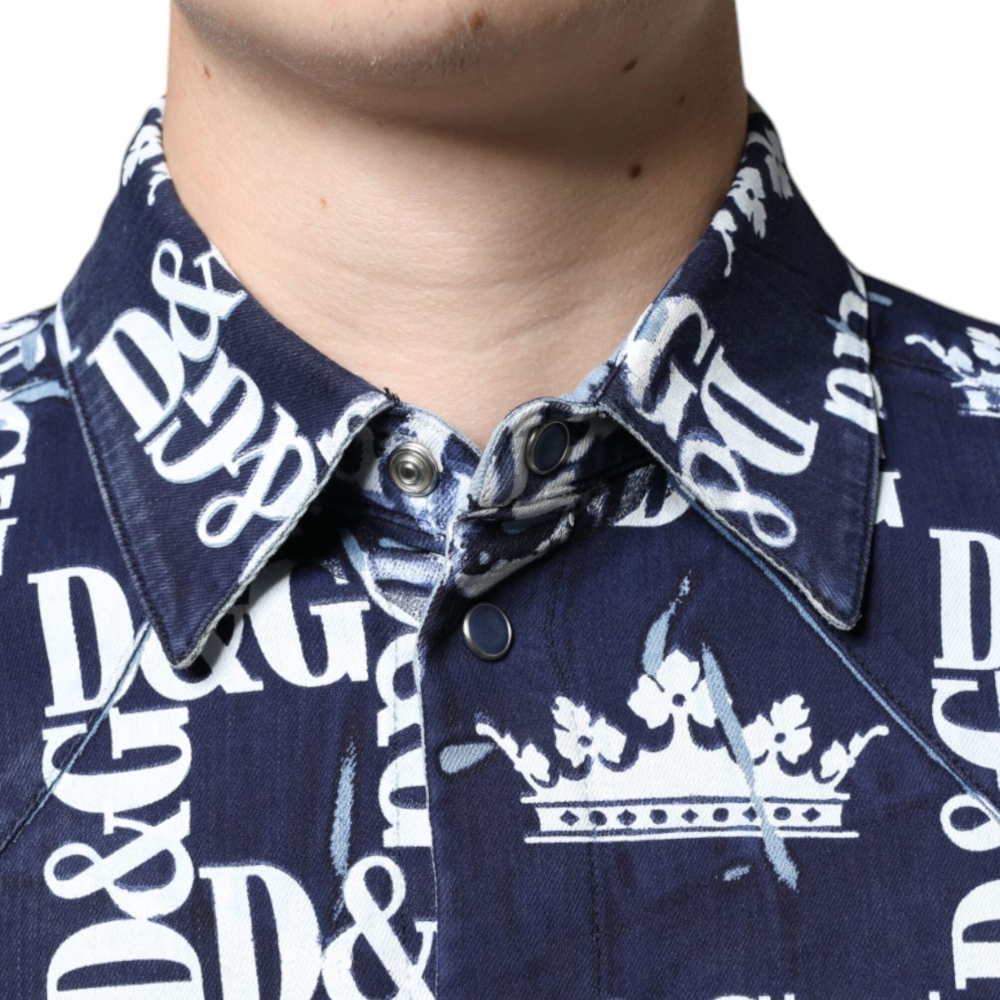 Dolce & Gabbana Blue Crown Logo Print Slim Fit Cotton Shirt