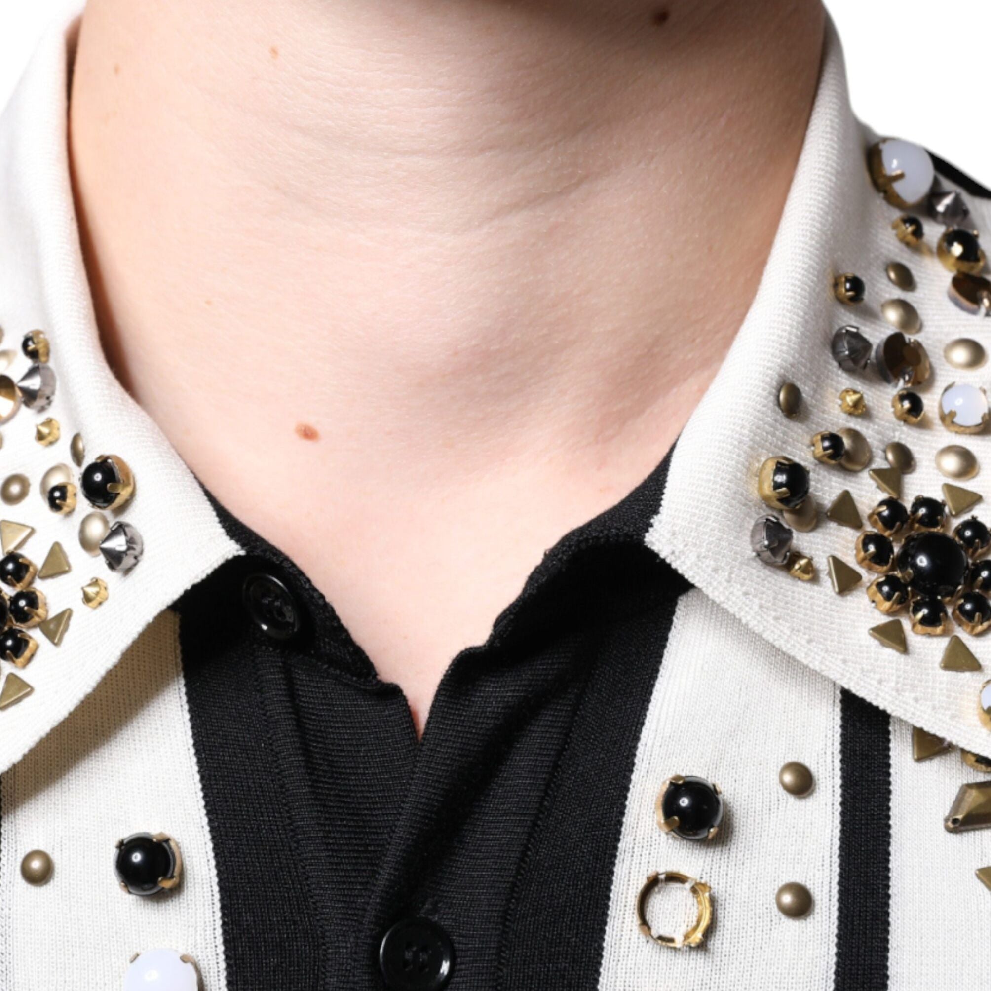 Dolce & Gabbana White Black Silk Studded Stone Crystal Shirt