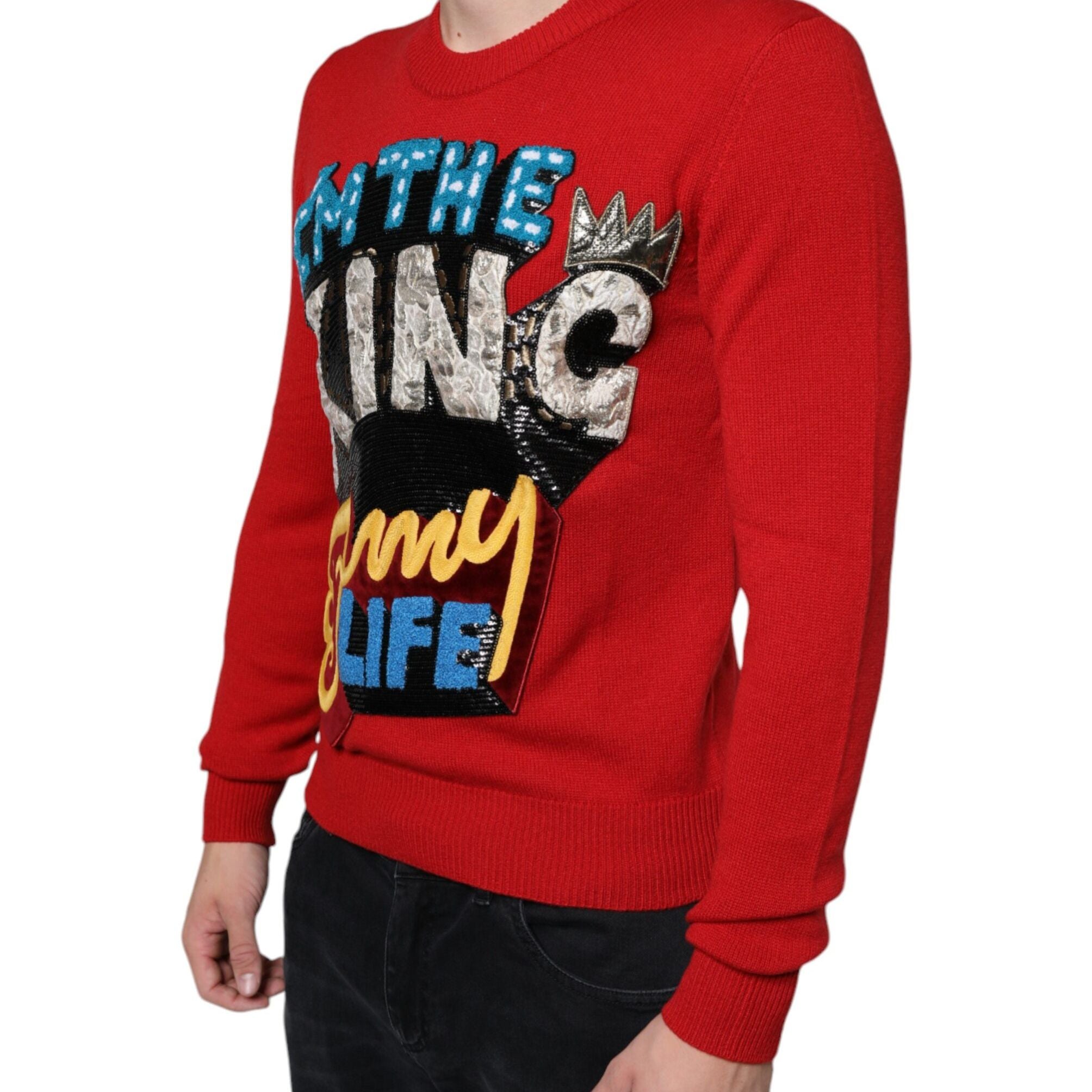 Dolce & Gabbana Red I'm The King Wool Crew Neck Sweatshirt Sweater