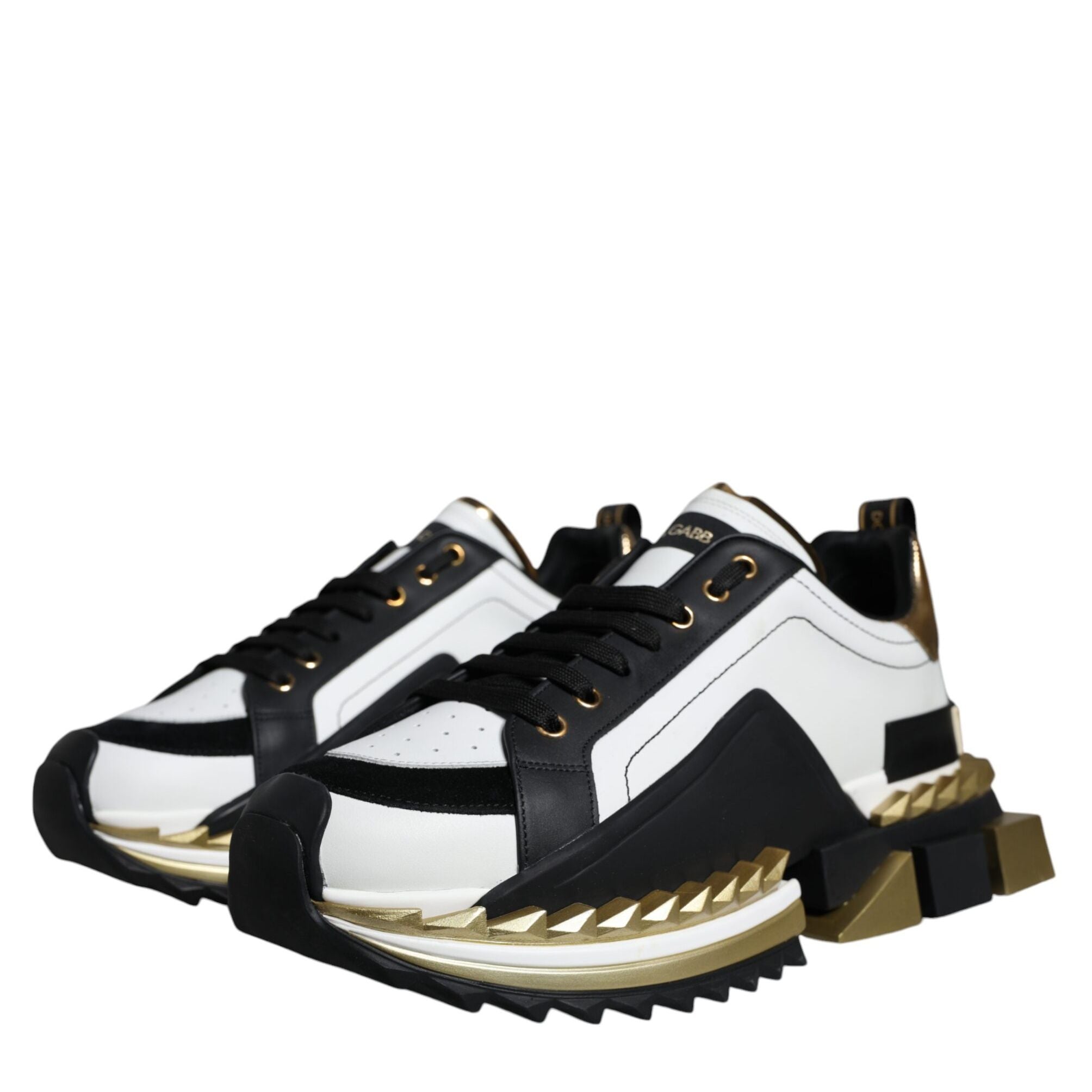 Dolce & Gabbana White Gold Black Leather SUPER KING Sneakers Shoes