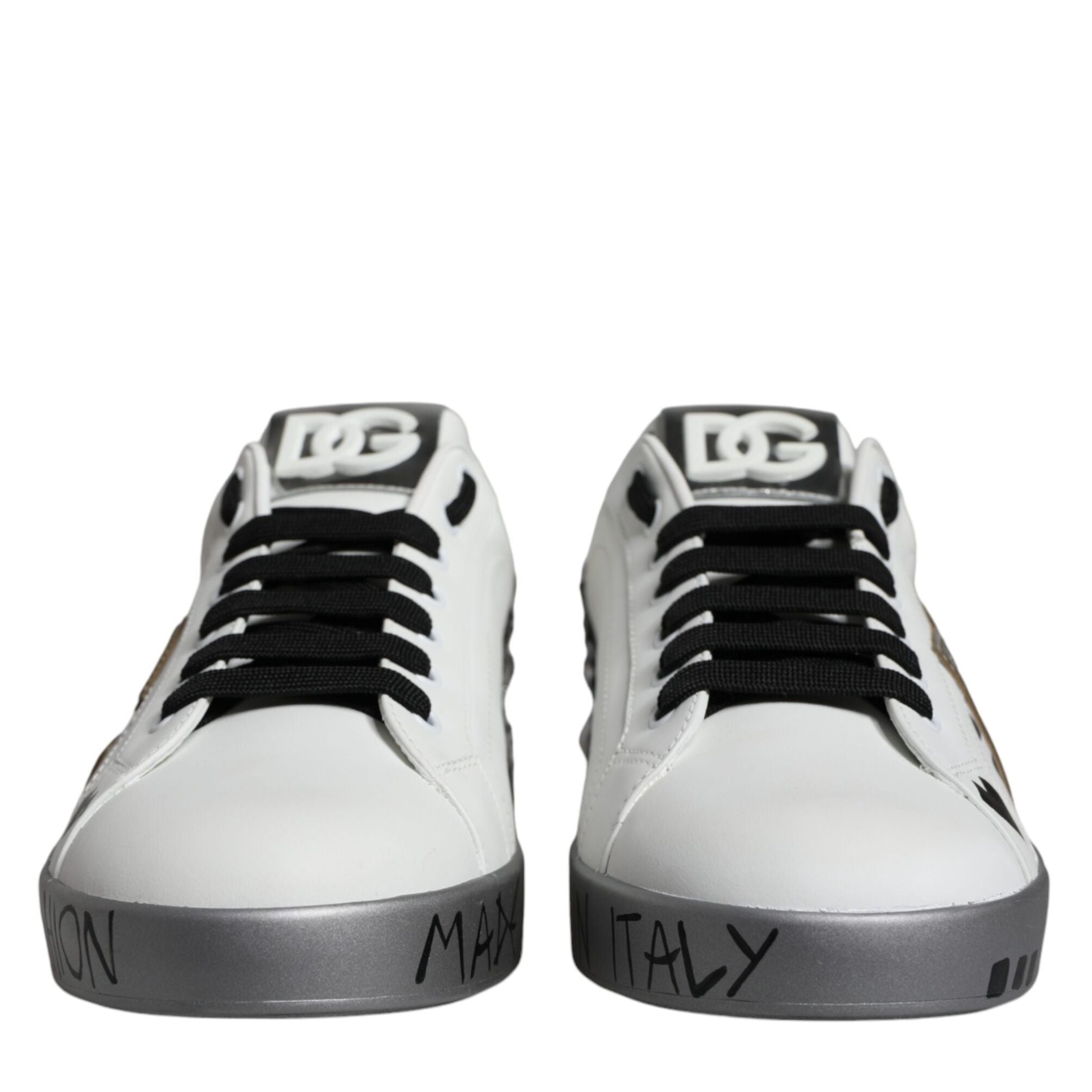 Dolce & Gabbana White Silver Crystal Logo Portofino Sneakers Shoes
