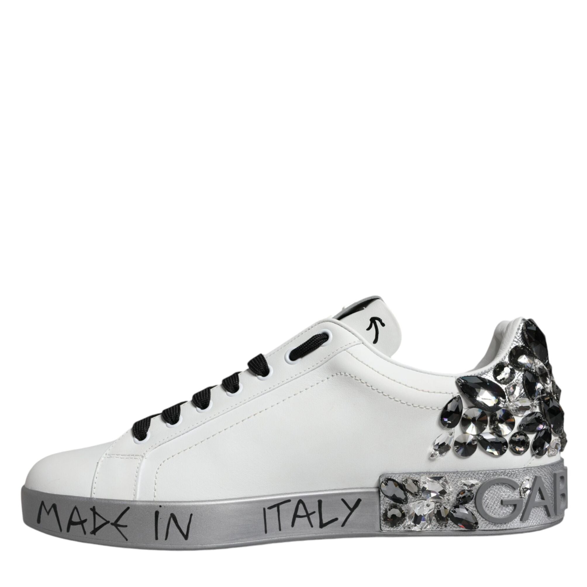 Dolce & Gabbana White Silver Crystal Logo Portofino Sneakers Shoes