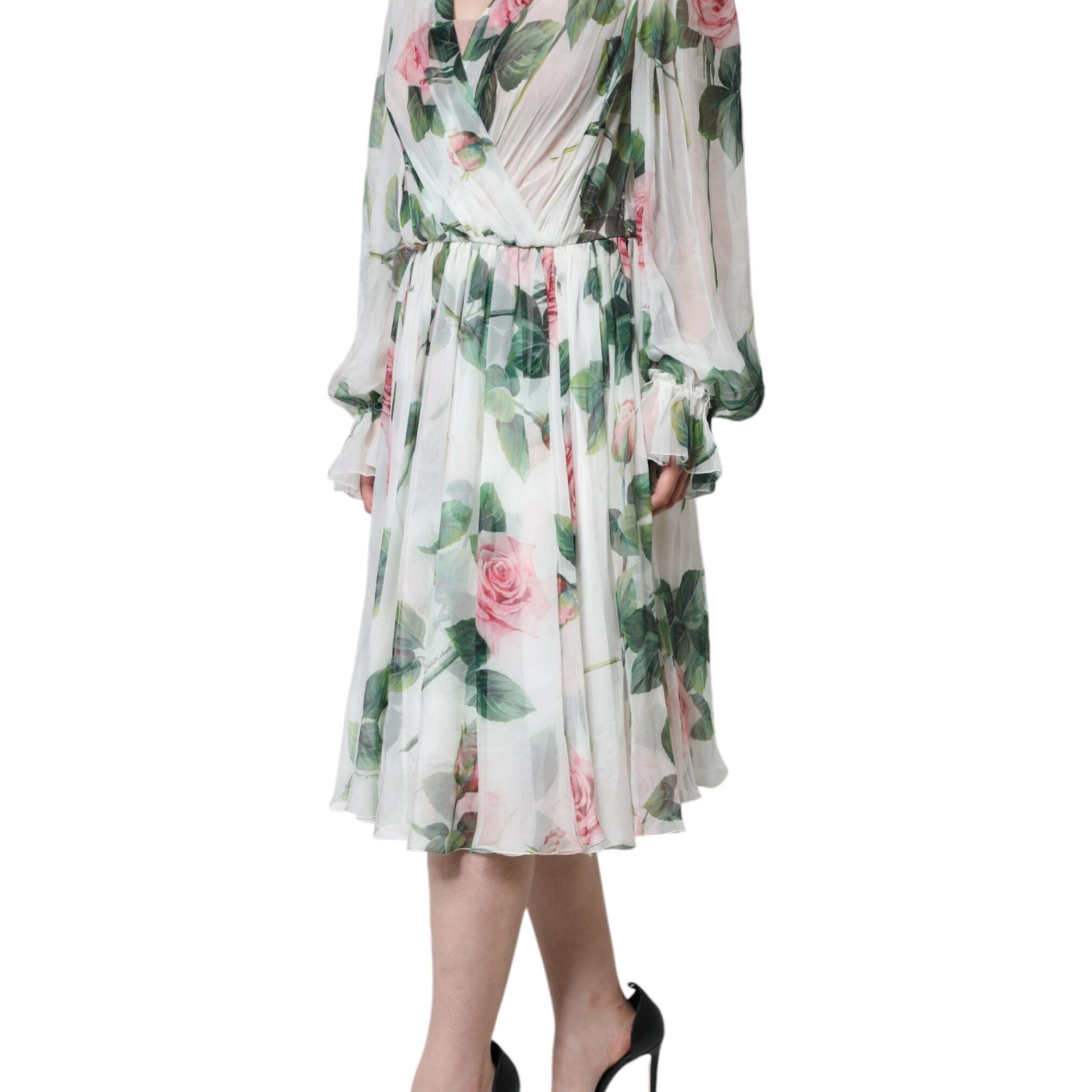 Dolce & Gabbana White Silk Floral Print A-line Midi Dress