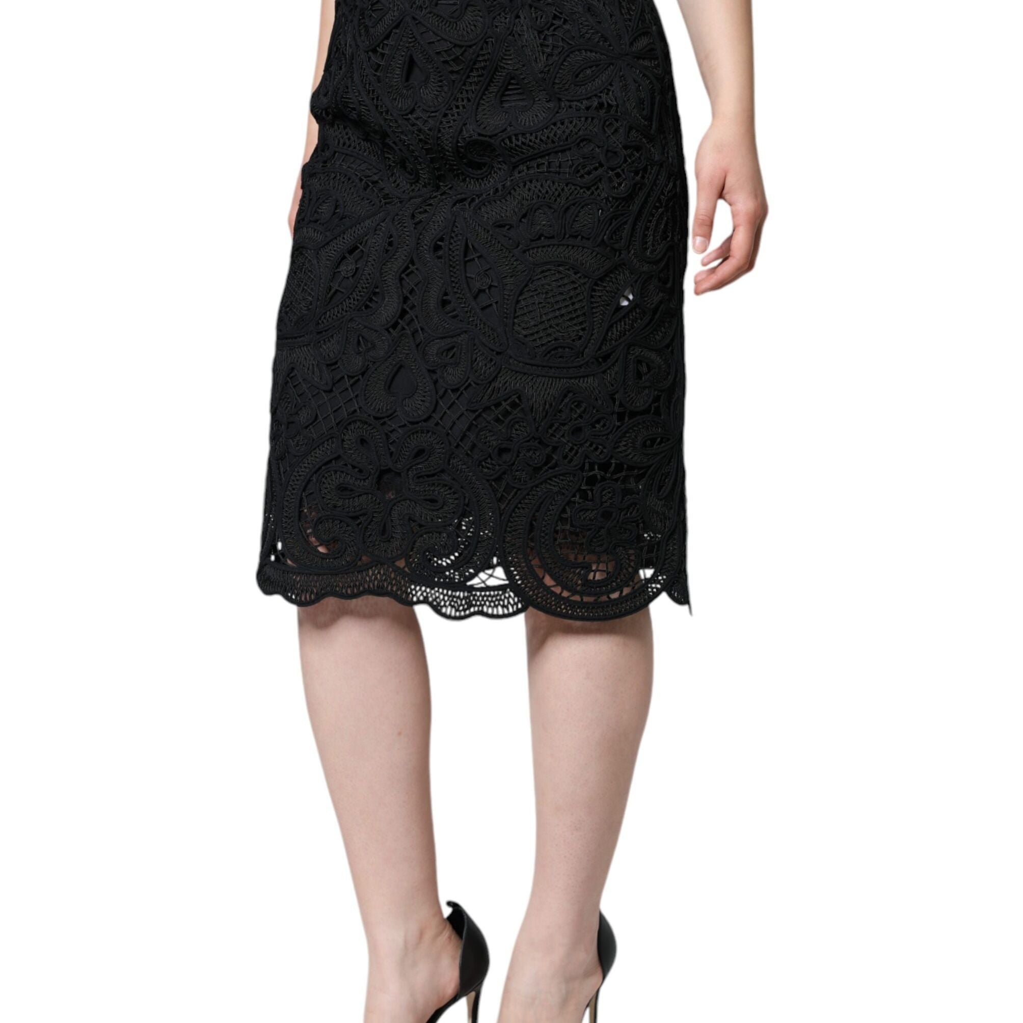 Dolce & Gabbana Black Floral Lace HighWaist Pencil Cut Skirt