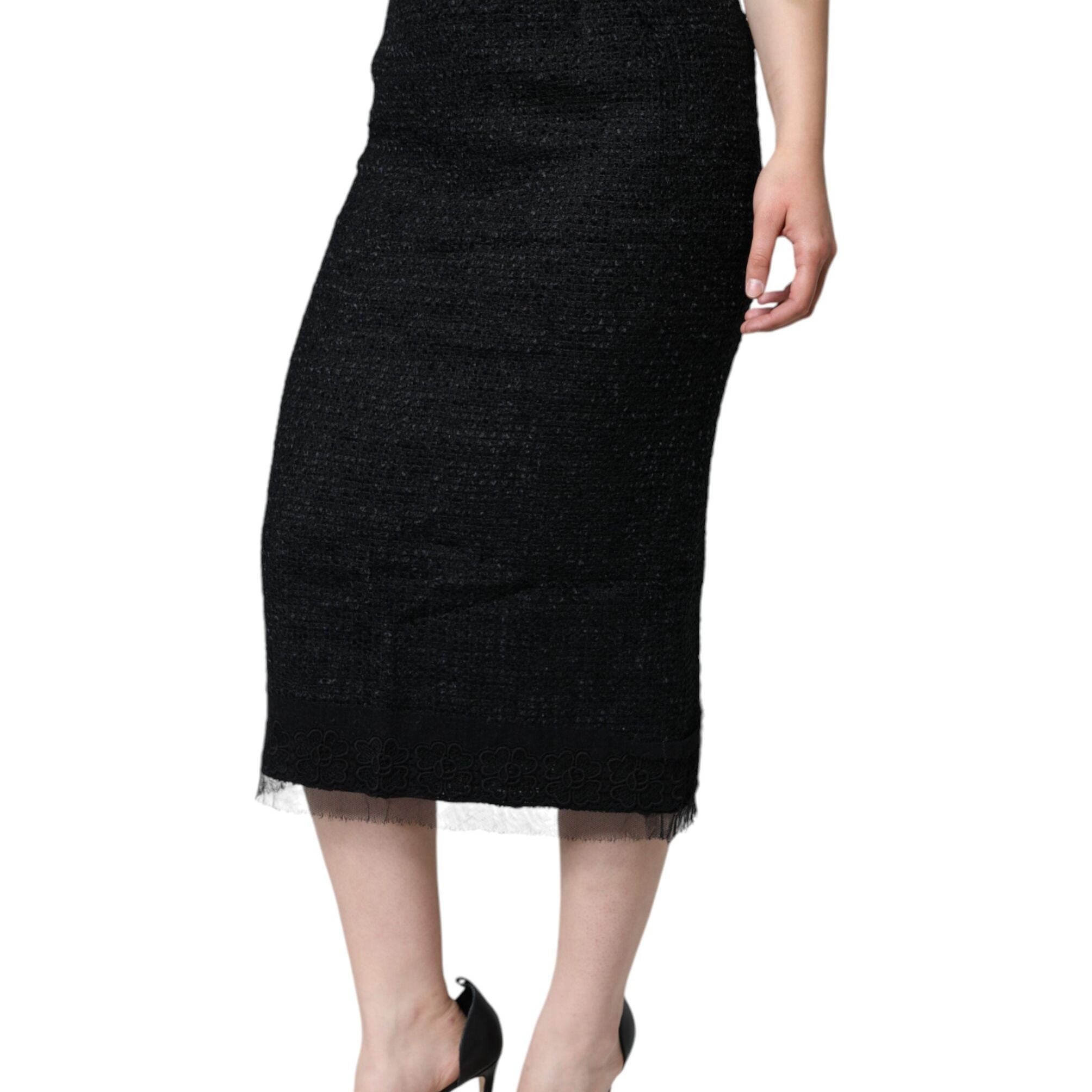 Dolce & Gabbana Black Virgin Wool Pencil Cut Midi Skirt
