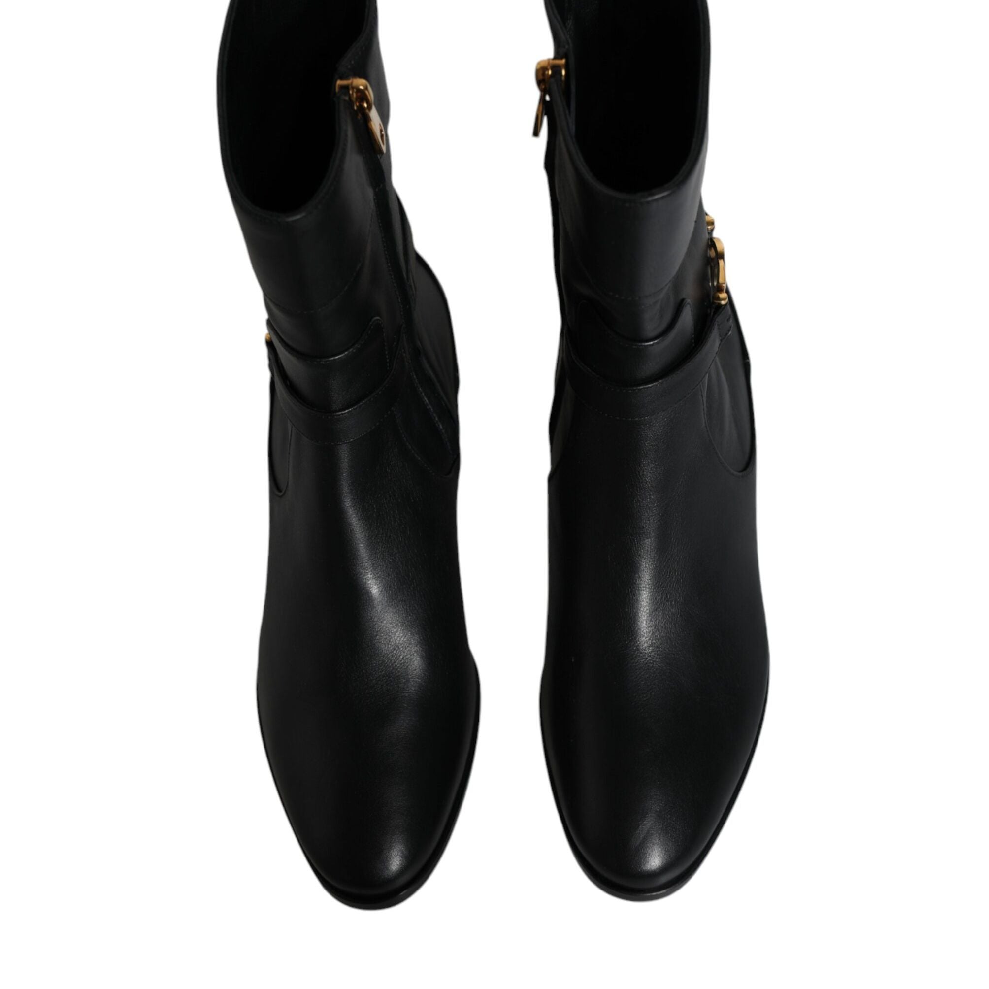Dolce & Gabbana Black Leather Logo Mid Calf Boots Shoes