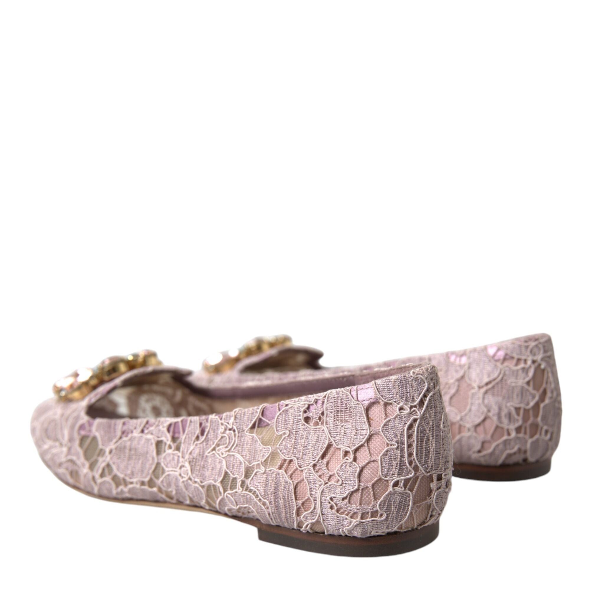 Dolce & Gabbana Pink Lace Crystal Ballet Flats Loafers Shoes