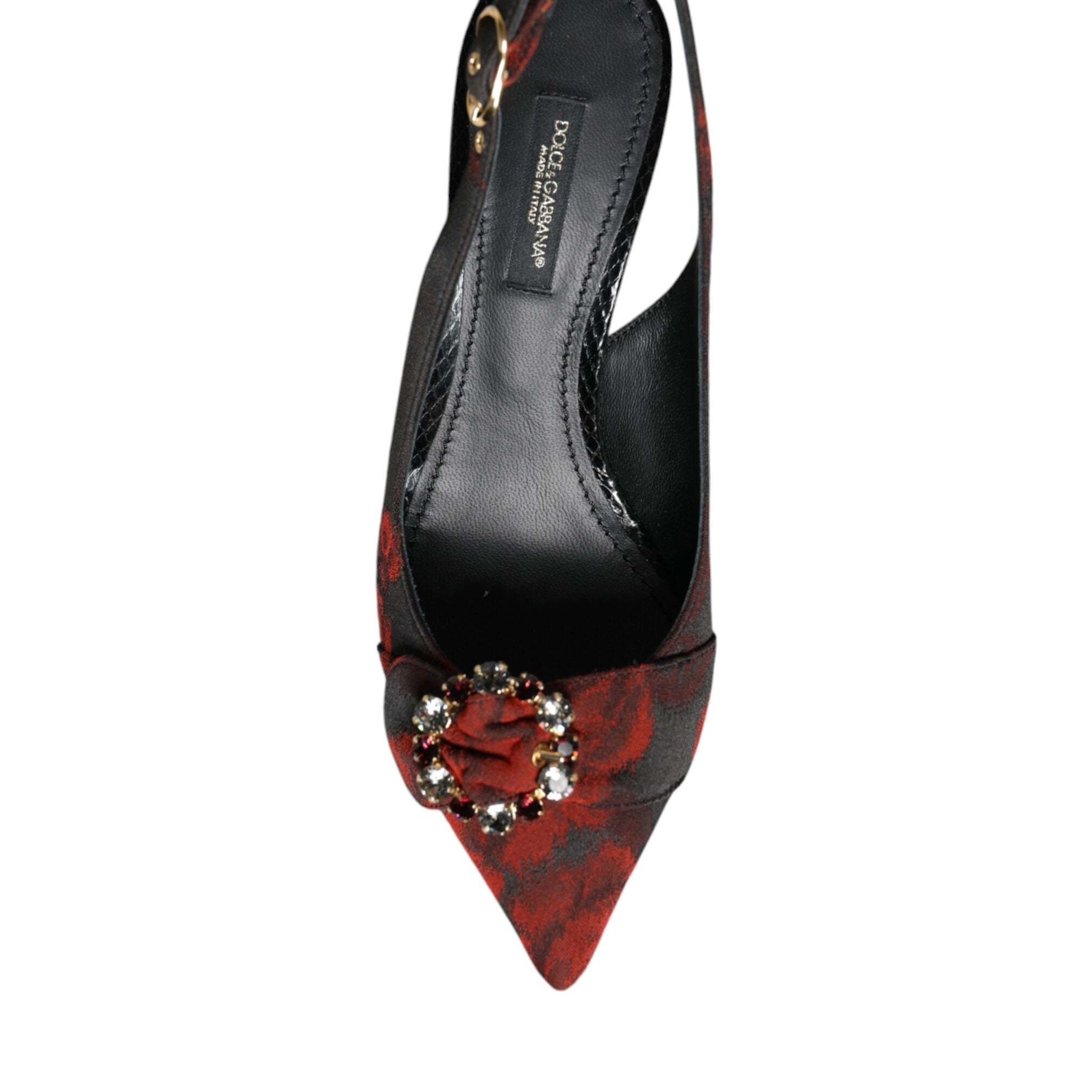 Dolce & Gabbana Black Red Floral Crystal Heel Slingback Shoes