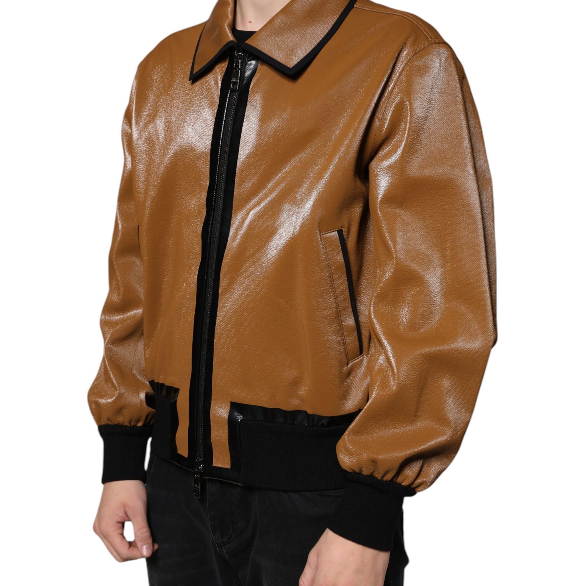 Dolce & Gabbana Brown Leather Full Zip Men Bomber Jacket