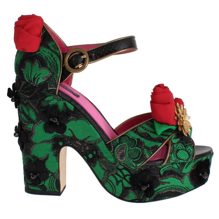 Dolce & Gabbana Green Brocade Snakeskin Roses Crystal Shoes