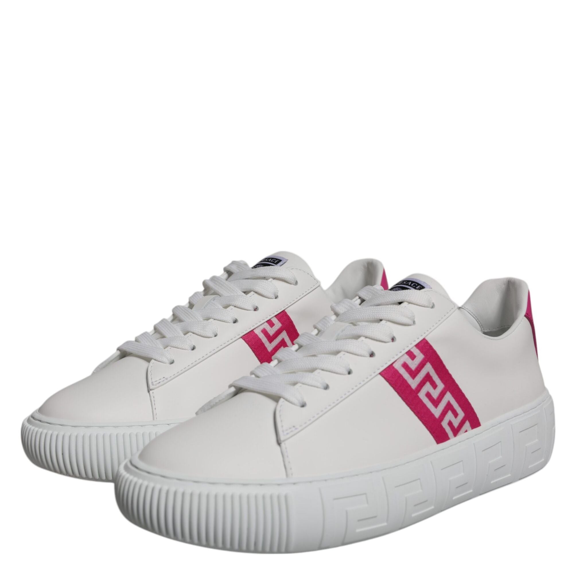 Versace White Pink Greca Print Platform Low Top Sneakers Shoes