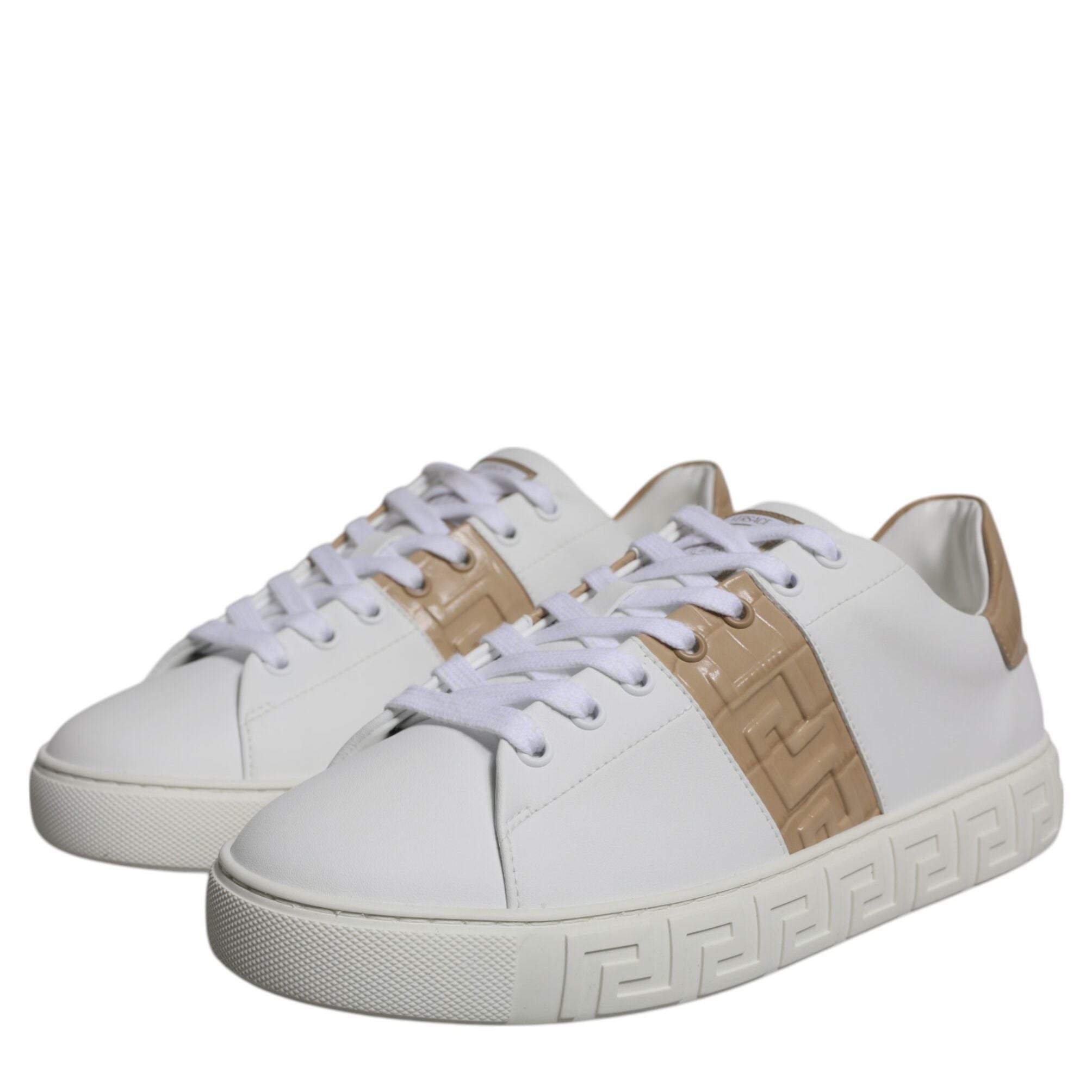 Versace White Brown Greca Print TPU Low Top Men Sneakers Shoes