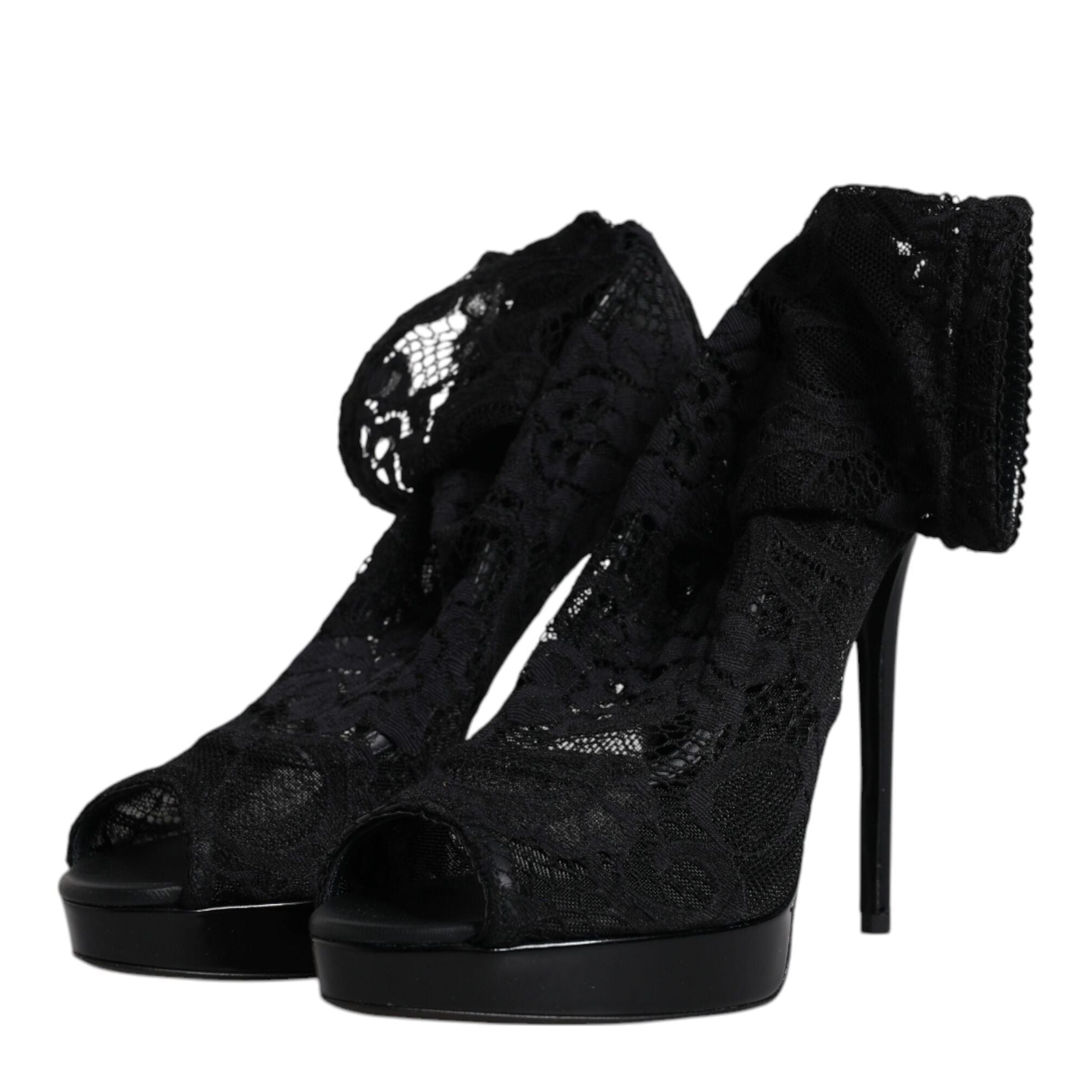 Dolce & Gabbana Black Stretch Taormina Lace Boots Shoes