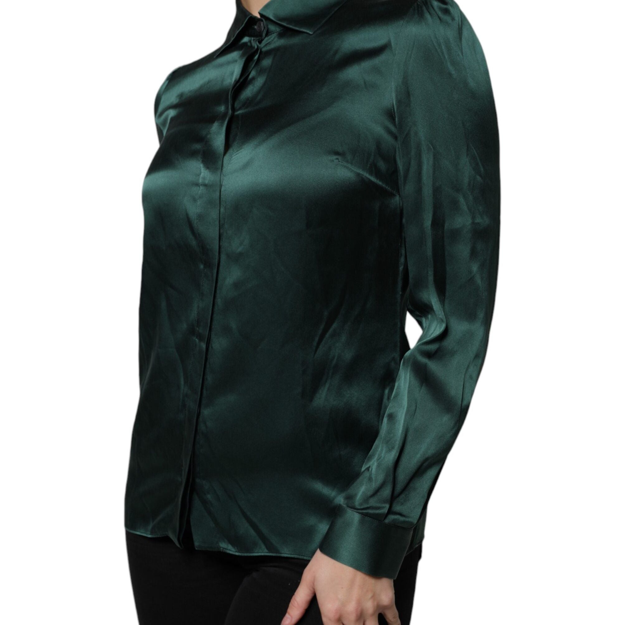 Dolce & Gabbana Dark Green Silk Button Down Long Sleeves Blouse Top
