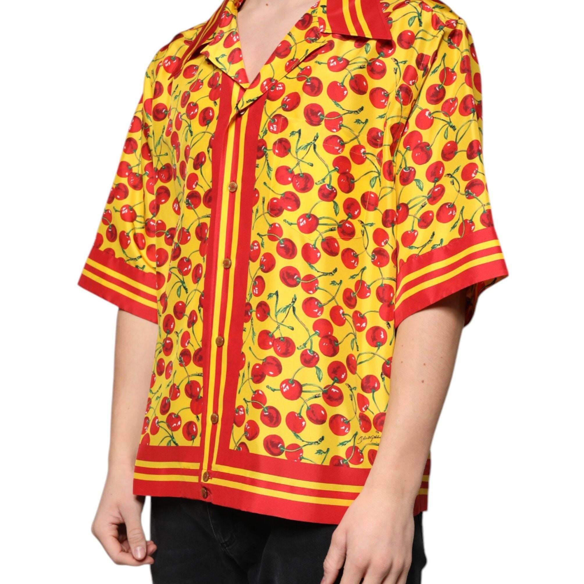 Dolce & Gabbana Yellow Cherry Button Down Silk Casual Shirt