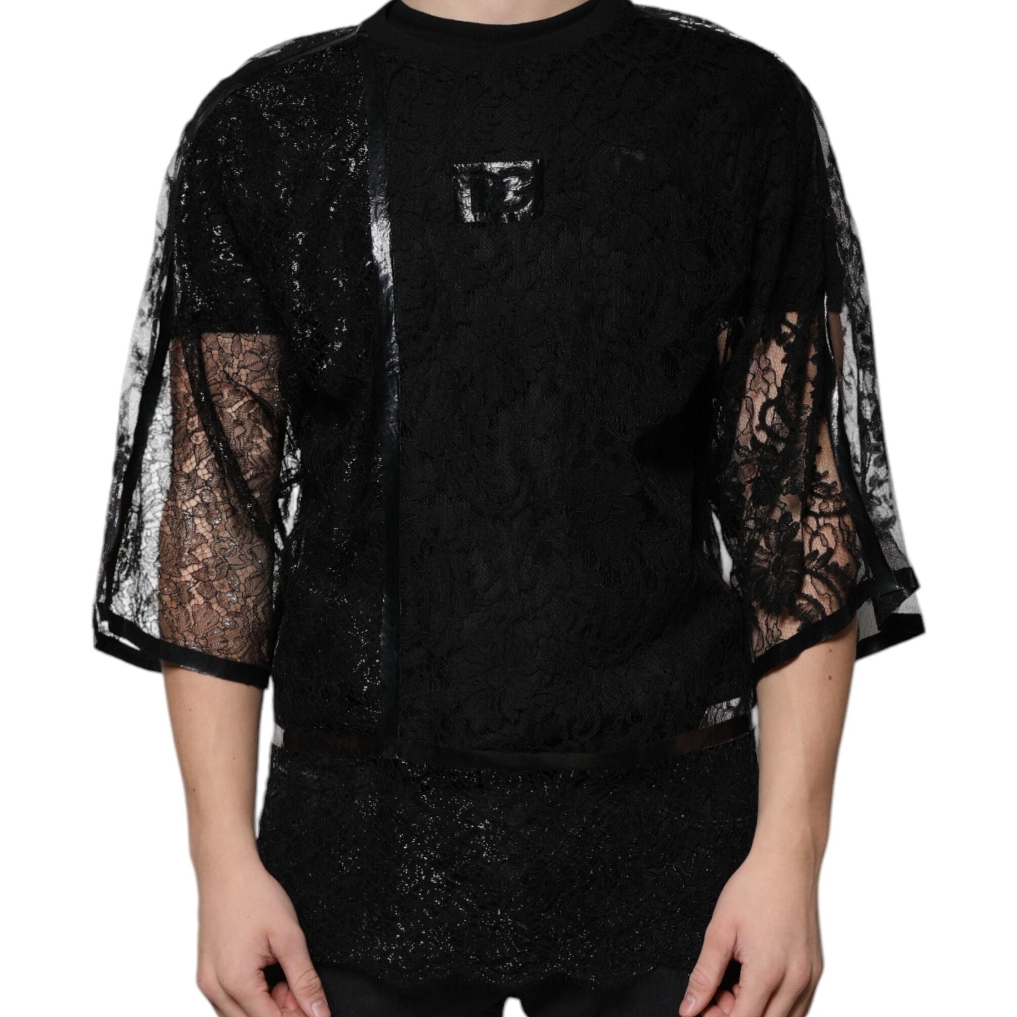 Dolce & Gabbana Black Nylon Floral Lace Crew Neck T-shirt