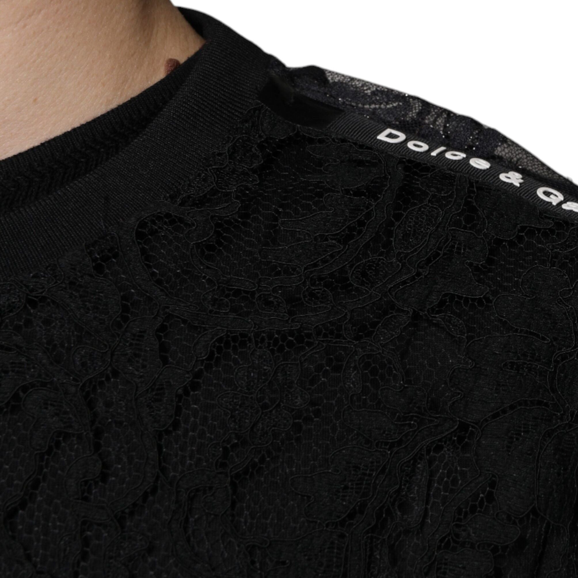 Dolce & Gabbana Black Nylon Floral Lace Crew Neck T-shirt