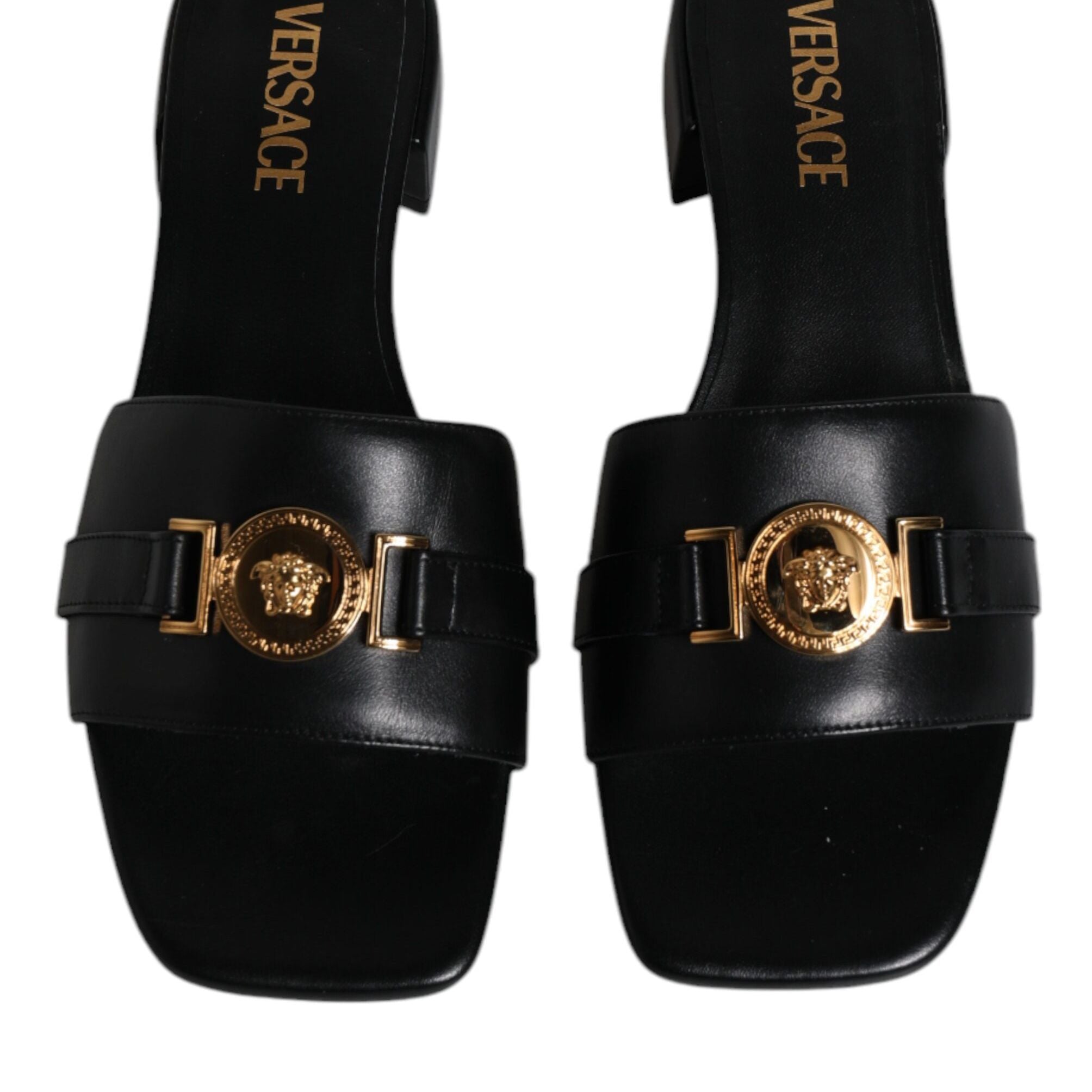 Versace Black Leather Logo Plaque Slip On Slides Flats Shoes