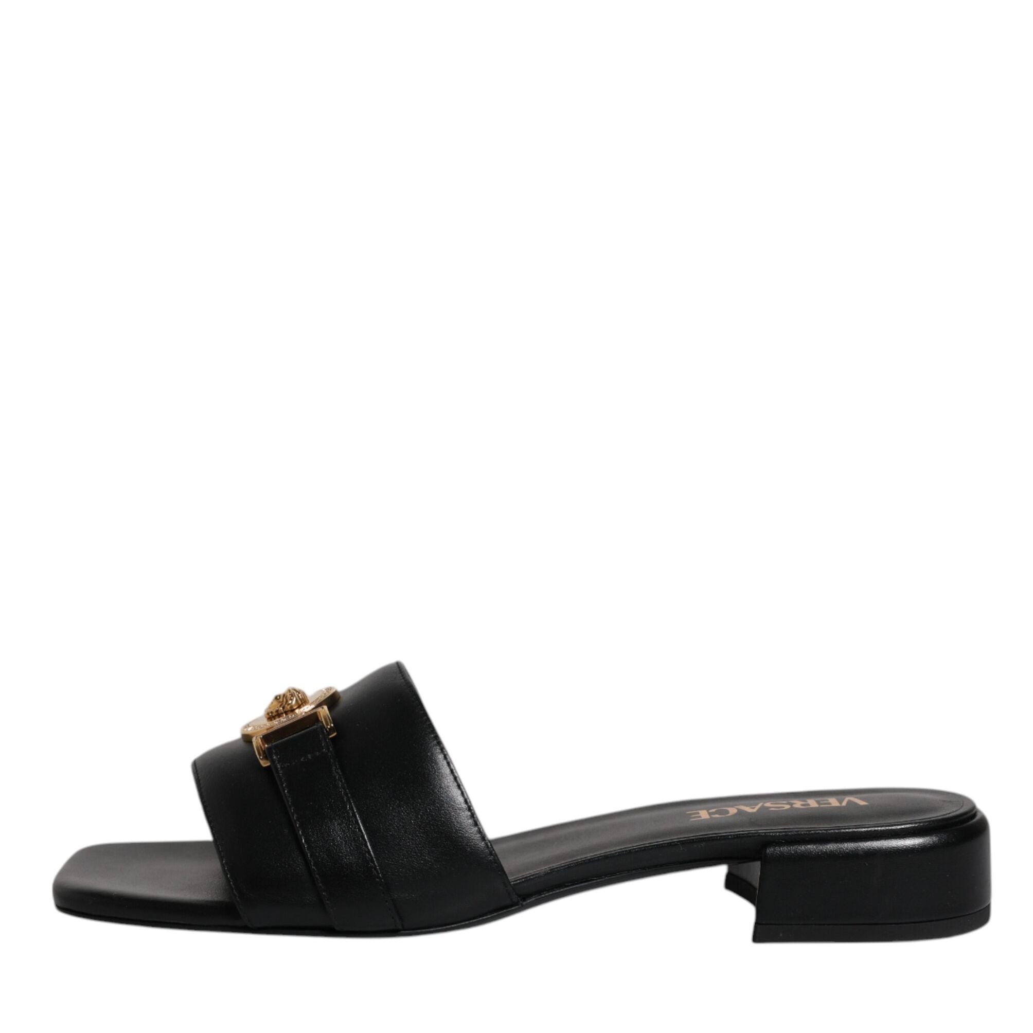 Versace Black Leather Logo Plaque Slip On Slides Flats Shoes