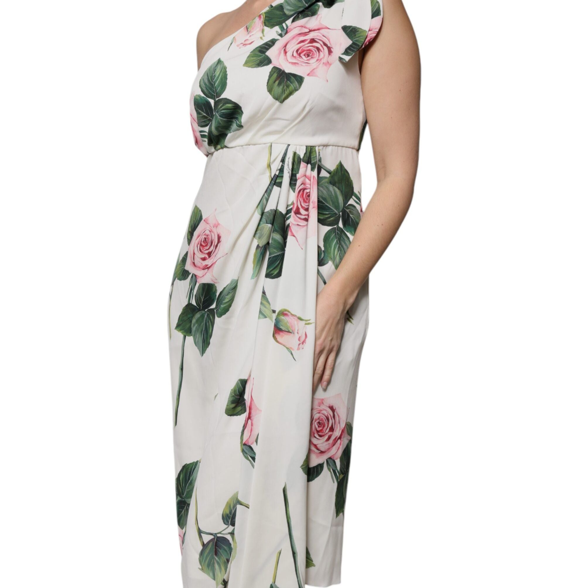 Dolce & Gabbana White Floral Silk One Shoulder Midi Dress