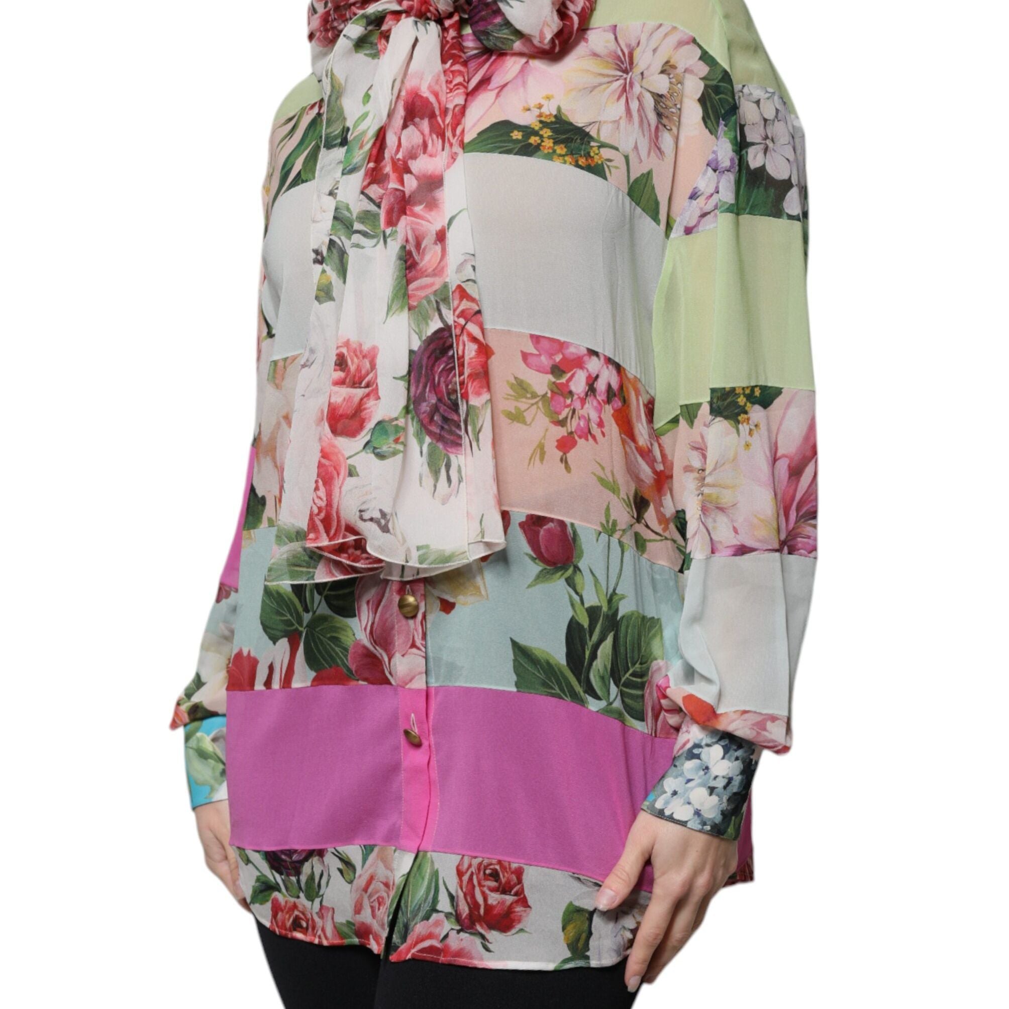 Dolce & Gabbana Multicolor Floral Patchwork Ascot Collar Top
