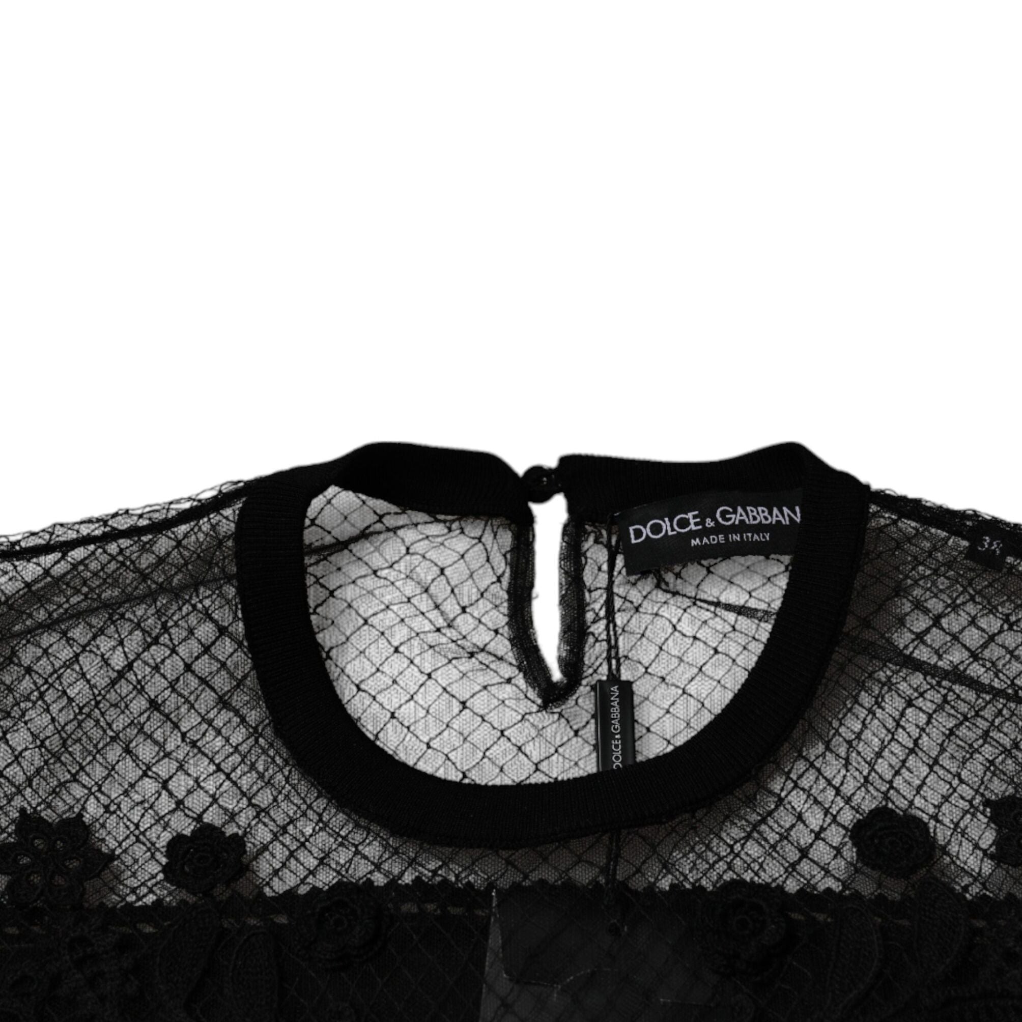 Dolce & Gabbana Black Floral Lace Short Sleeves Blouse Top