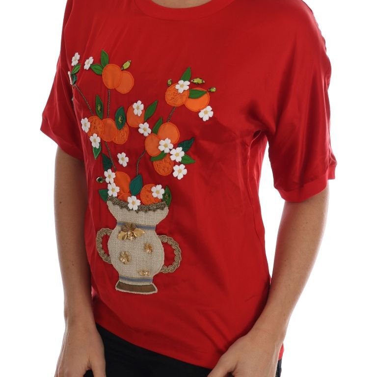 Dolce & Gabbana Red Silk Orange Vase Crystal Top