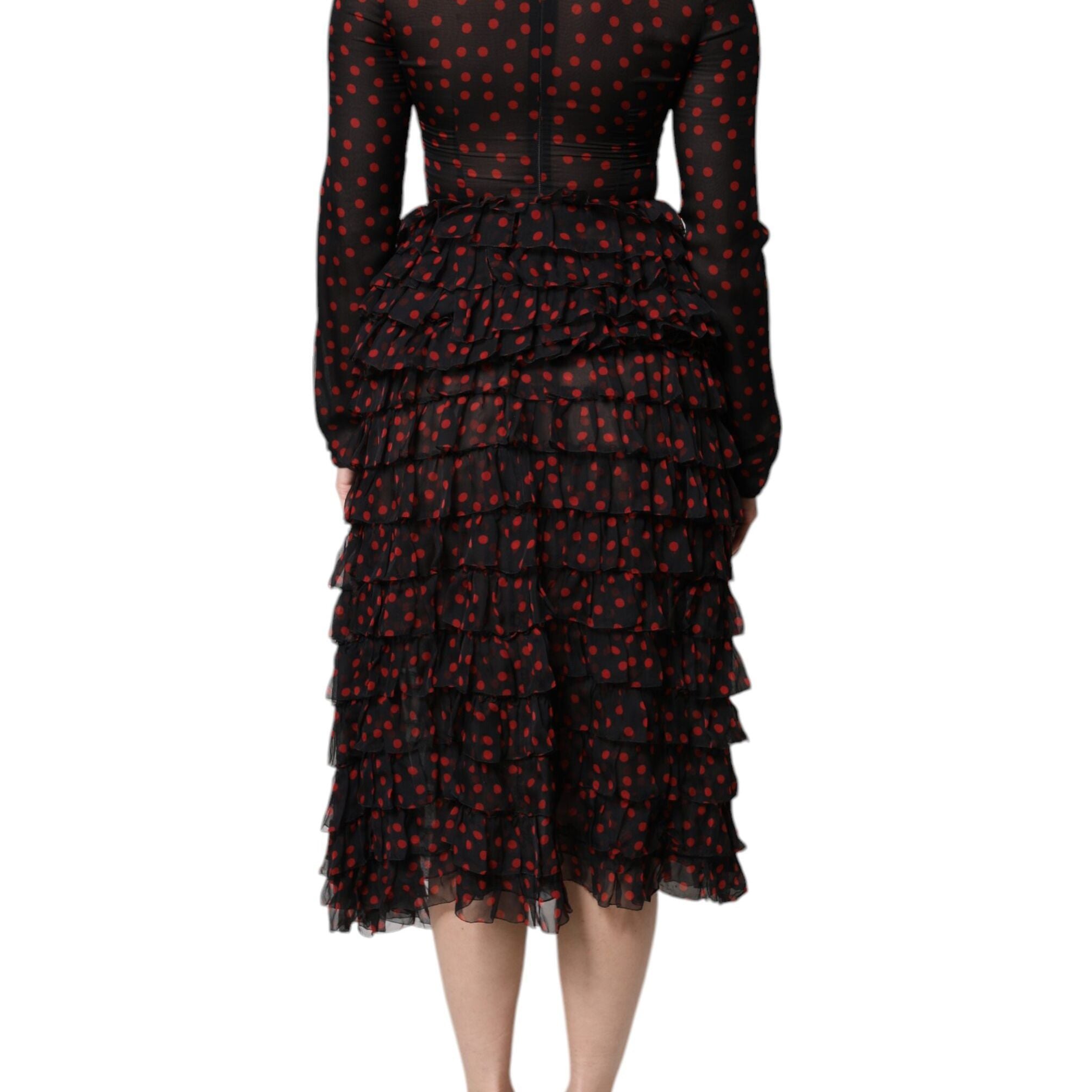 Dolce & Gabbana Black Red Polka Dot Silk Layered Midi Dress