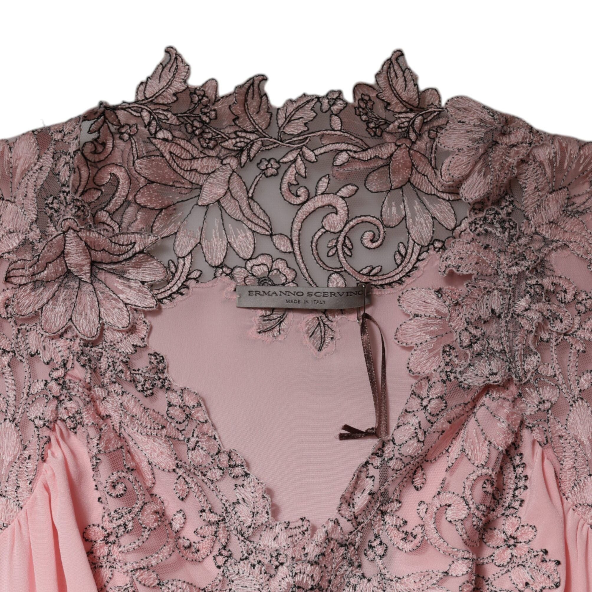 Ermanno Scervino Pink Floral Lace Short Sleeves V-neck Midi Dress