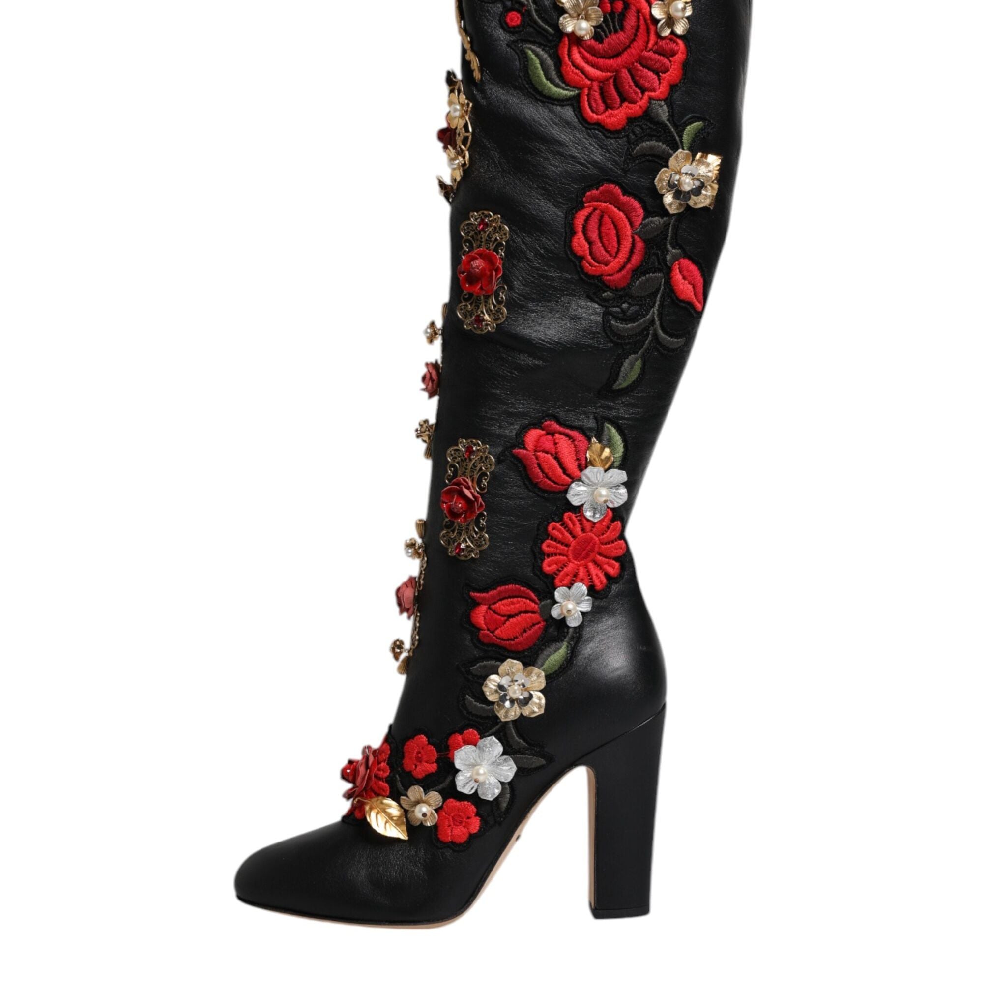 Dolce & Gabbana Black Roses Embellished Leather Heel Boots Shoes