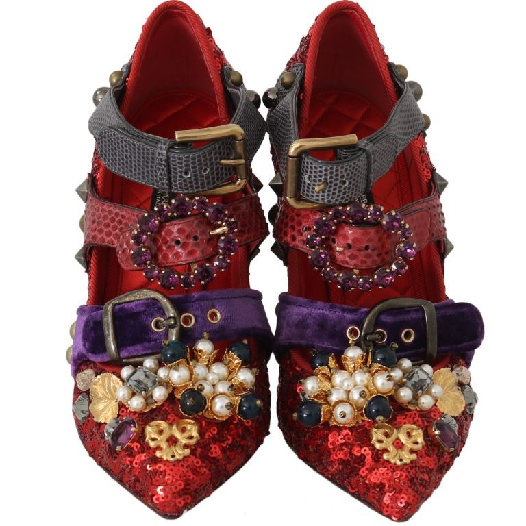 Dolce & Gabbana Red Sequined Crystal Studs Heels Shoes