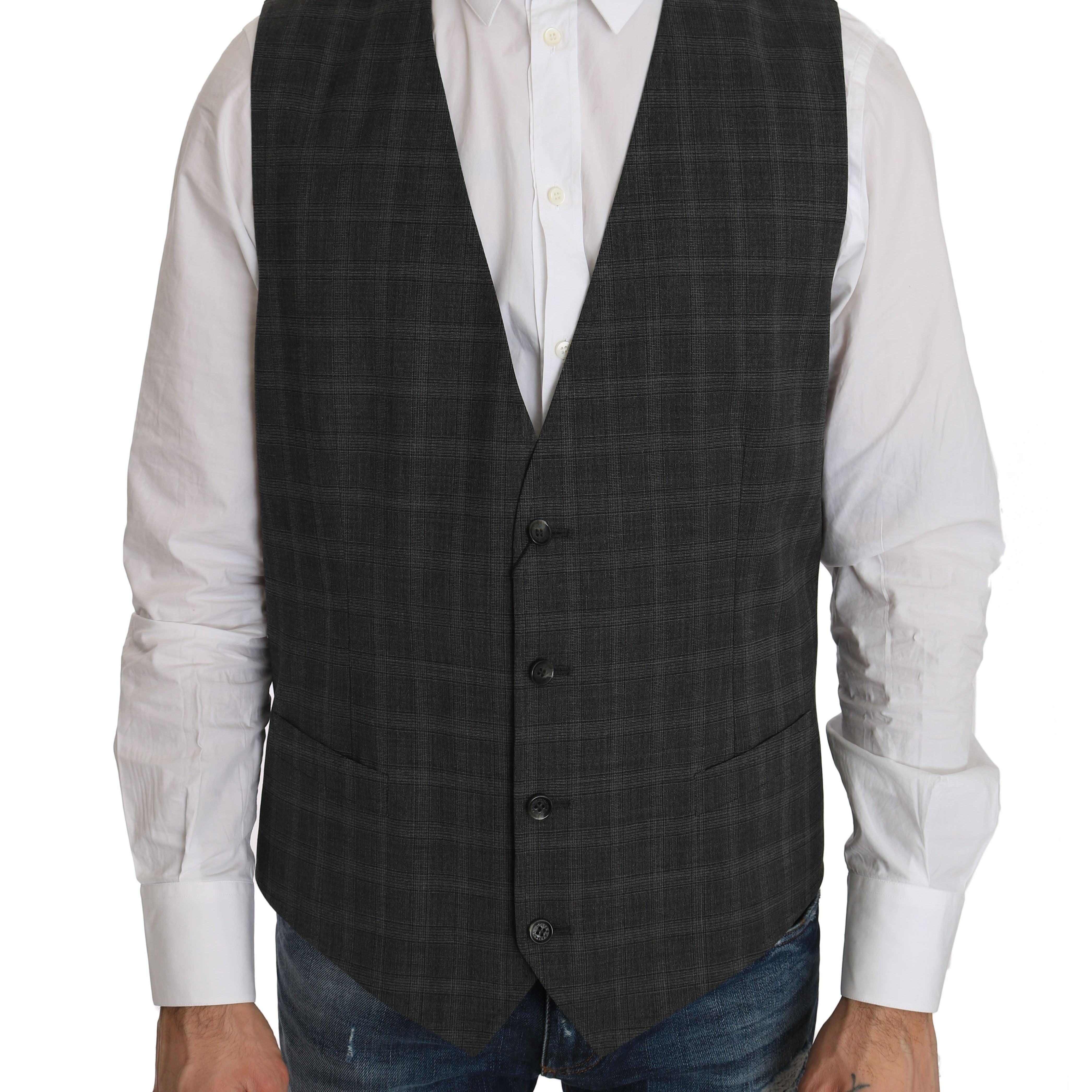 Dolce & Gabbana Gray Wool STAFF Checkered Stretch Vest