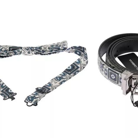 Dolce & Gabbana White Blue Silk Bowtie Leather Belt Gift Box Set