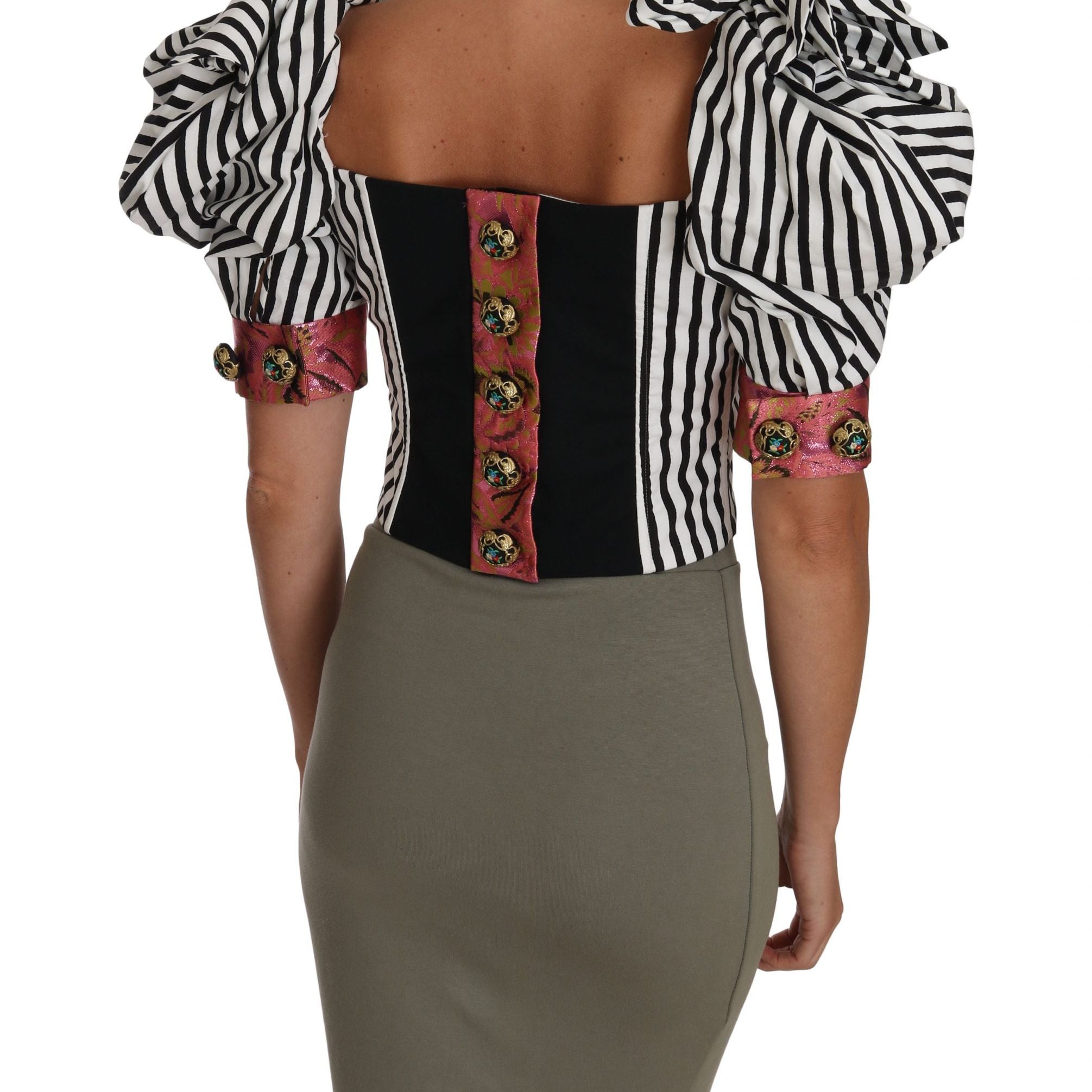 Dolce & Gabbana White Black Striped Cropped Top Puff Sleeve Shirts
