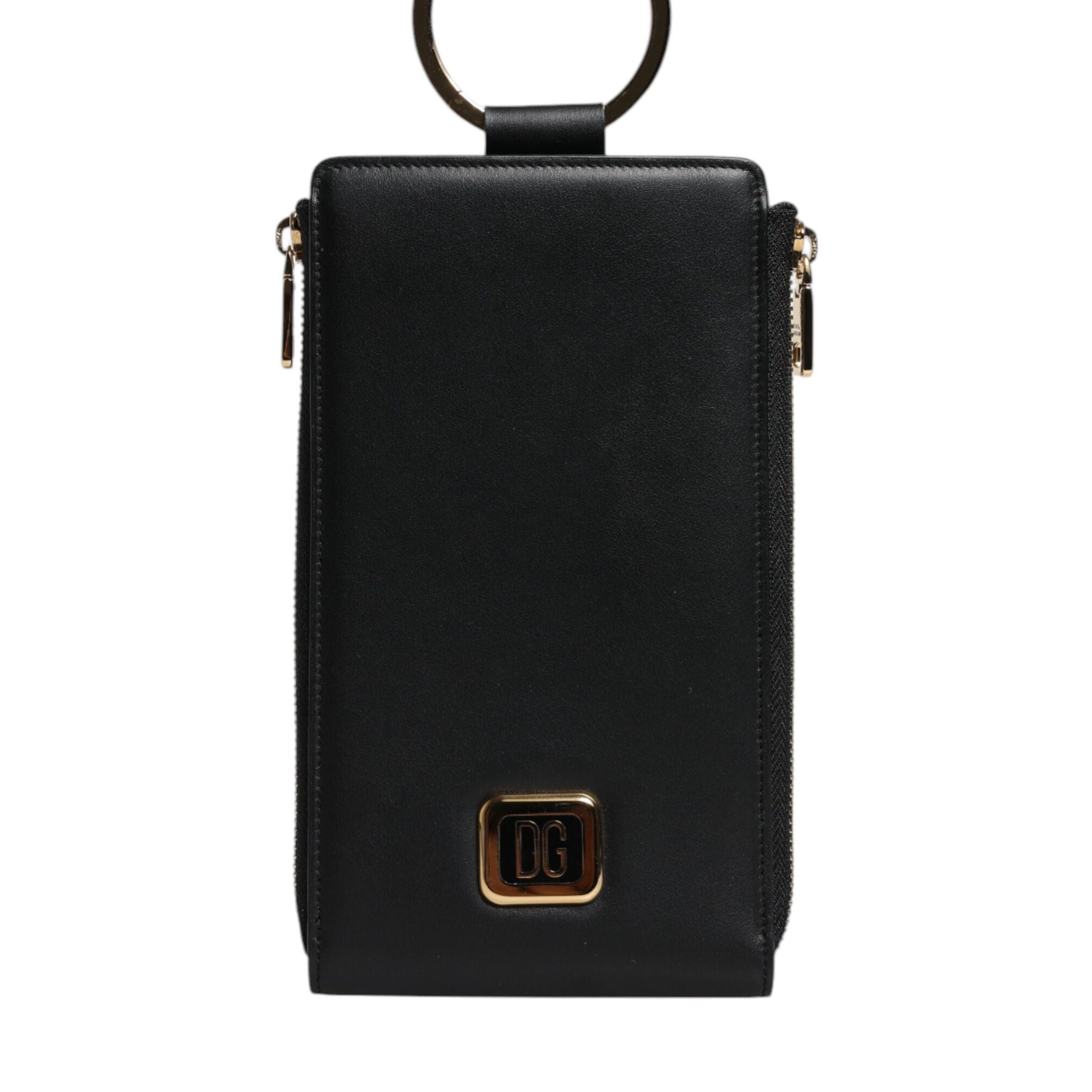 Dolce & Gabbana Black Leather Logo Plaque Neck Strap Card Coin Wallet