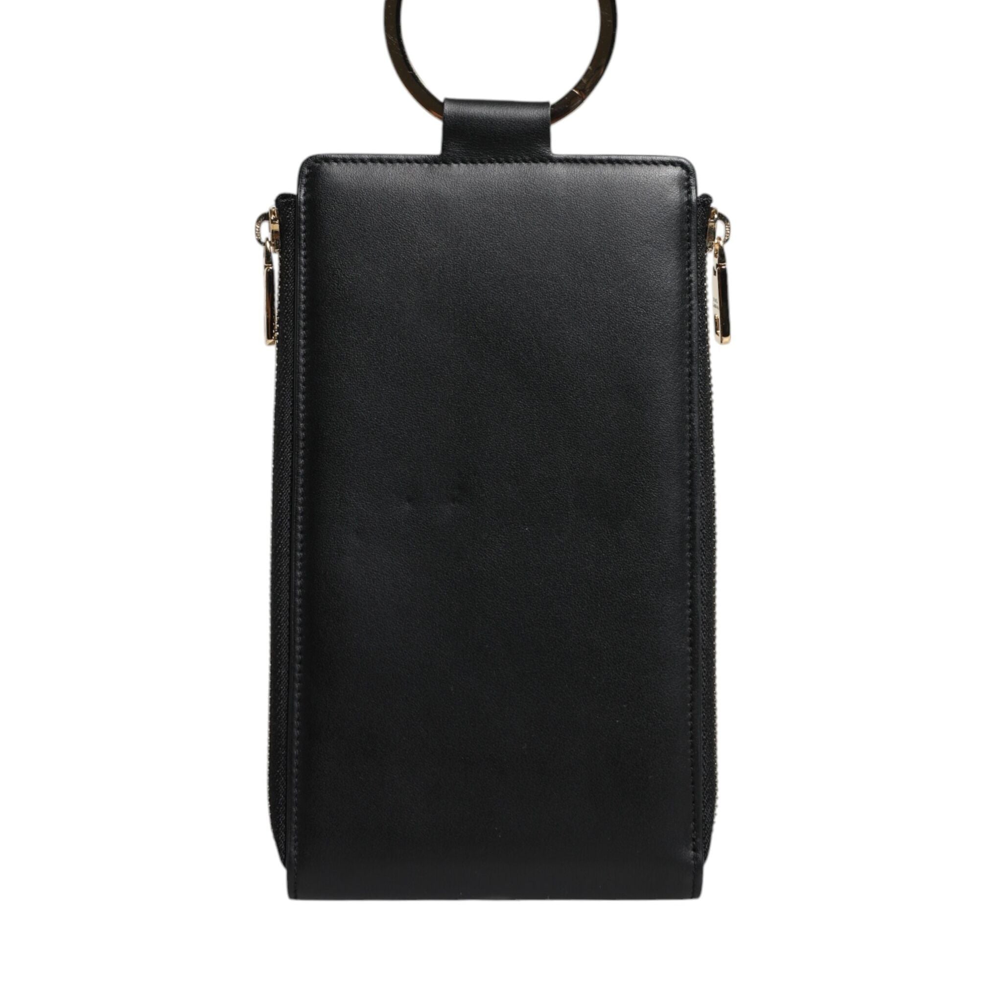Dolce & Gabbana Black Leather Logo Plaque Neck Strap Card Coin Wallet