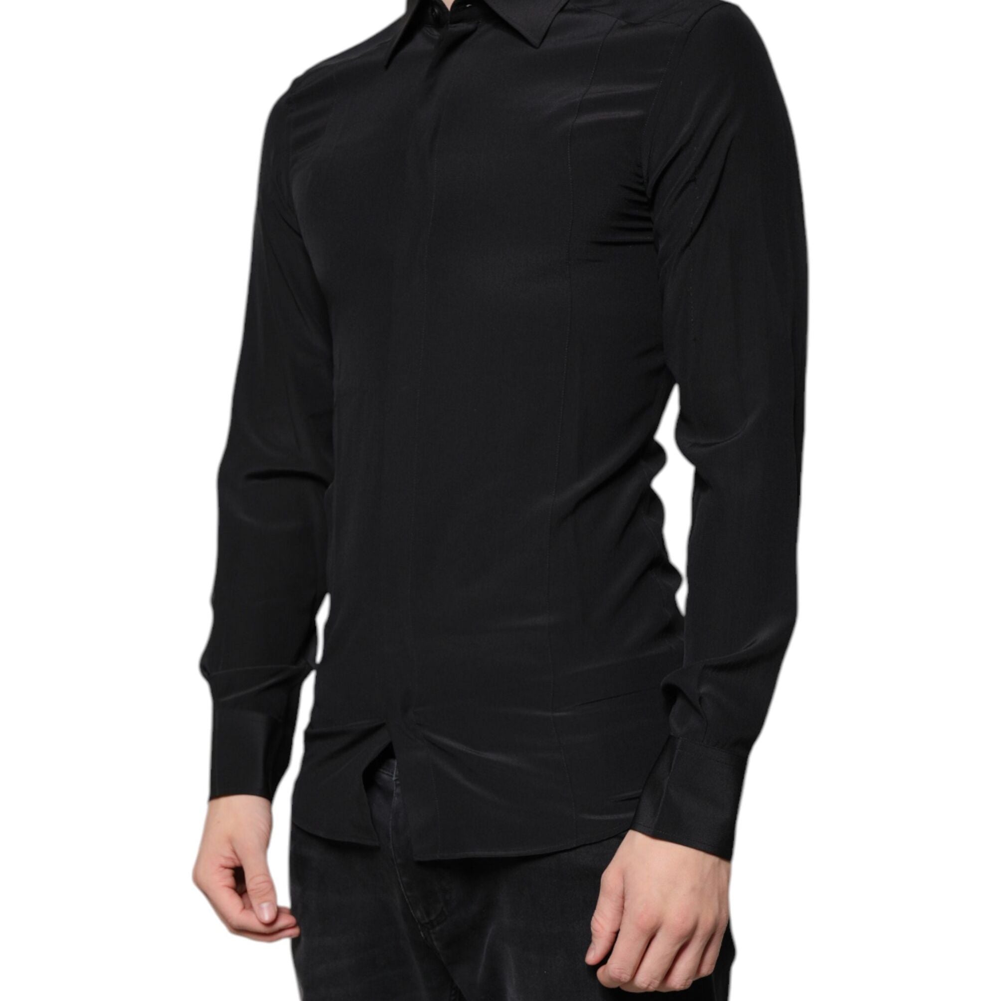 Dolce & Gabbana Black Silk Long Sleeves GOLD Dress Shirt