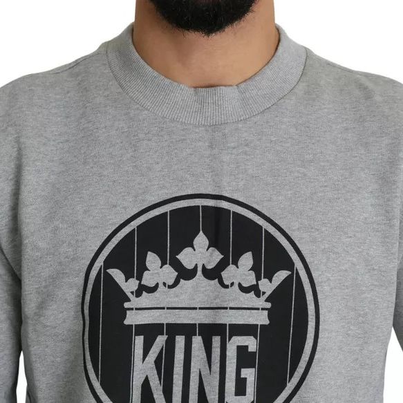 Dolce & Gabbana Gray Crown King Print Cotton Pullover Sweater